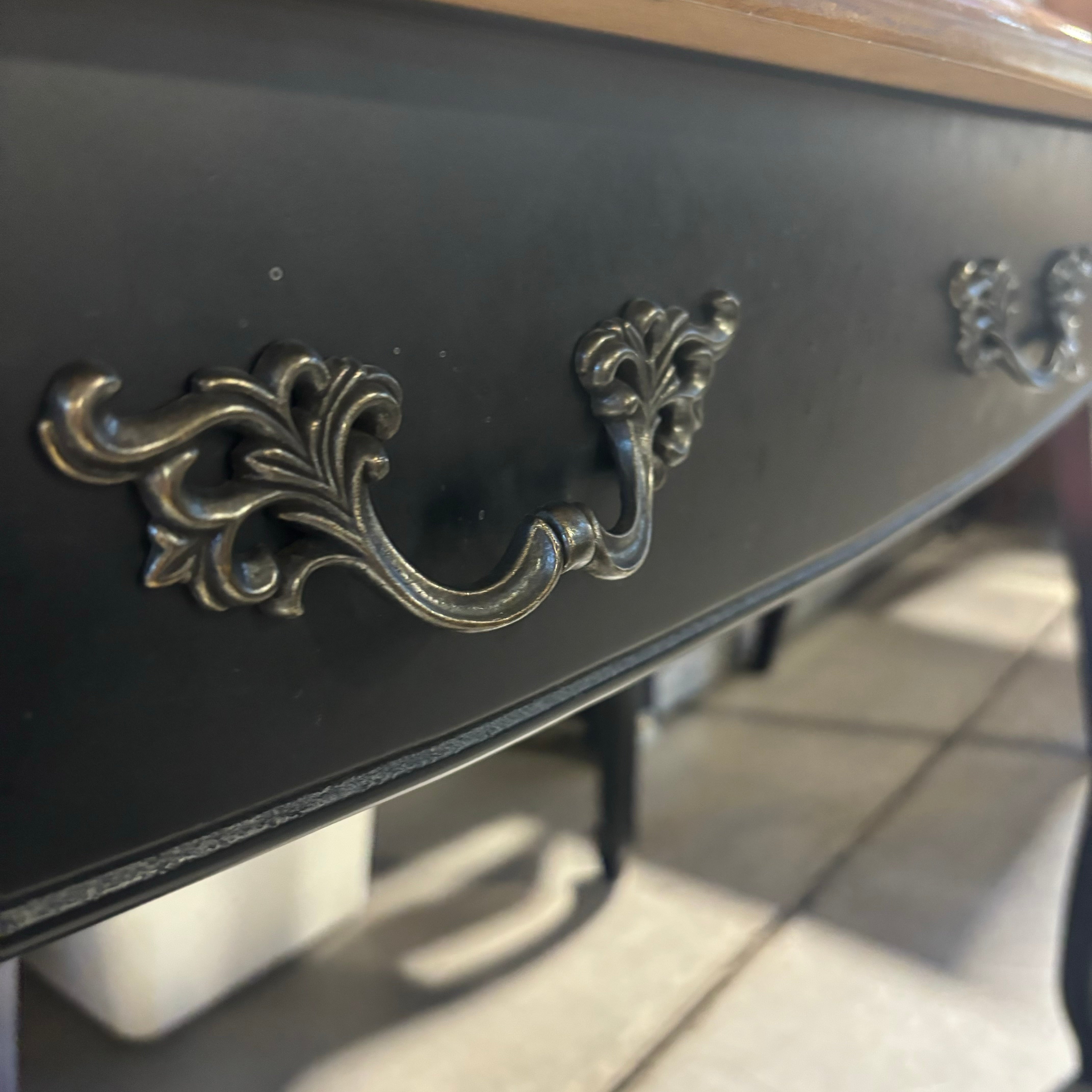 Glossy Medium Finish Wood Top & Black Carved Wood Base Louis XV Style 1 Drawer Desk 54"x 24"x 31.5"
