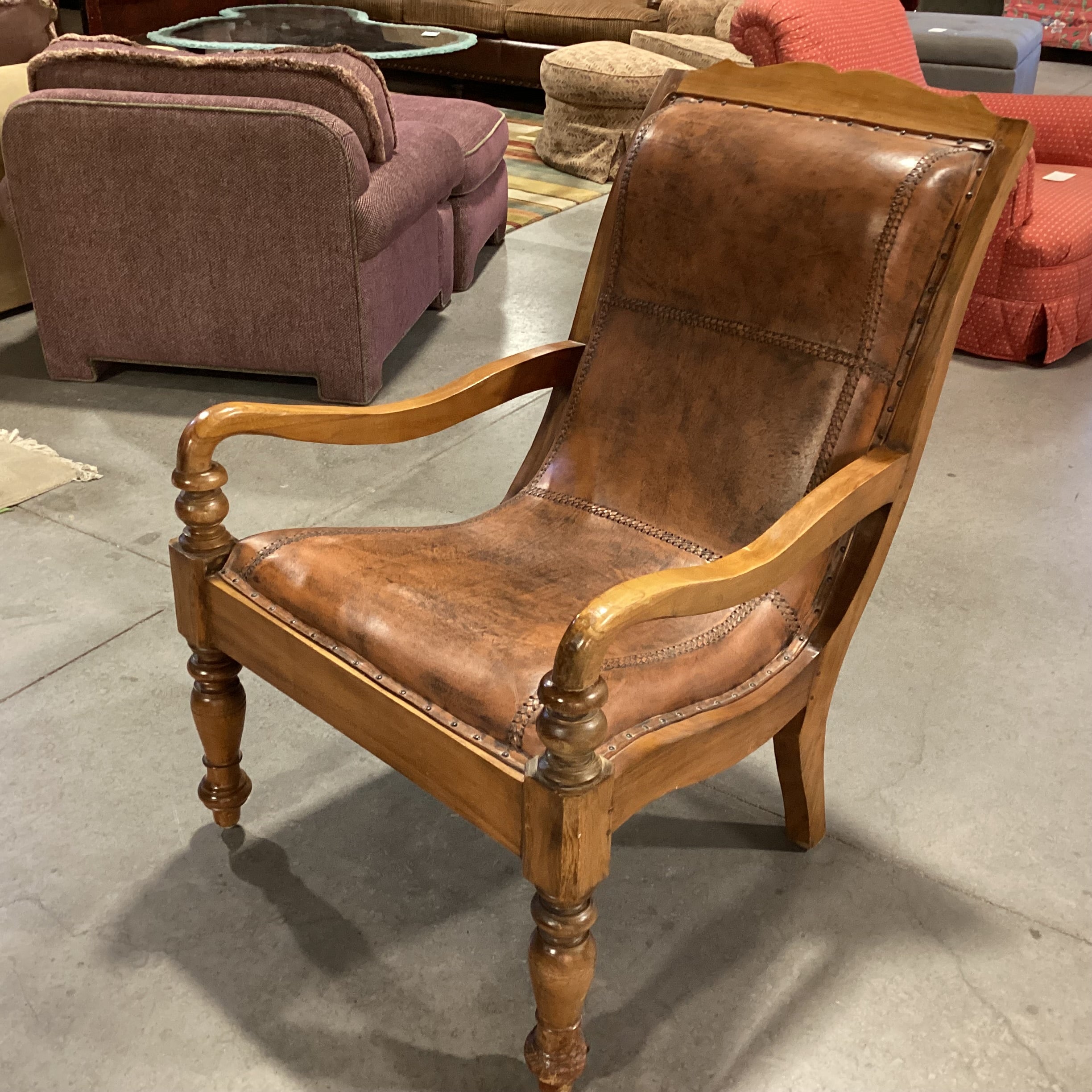 Carved Wood With Distressed Leather Nailhead Plantation Style Lounge Chair 29"x 34"x 39"