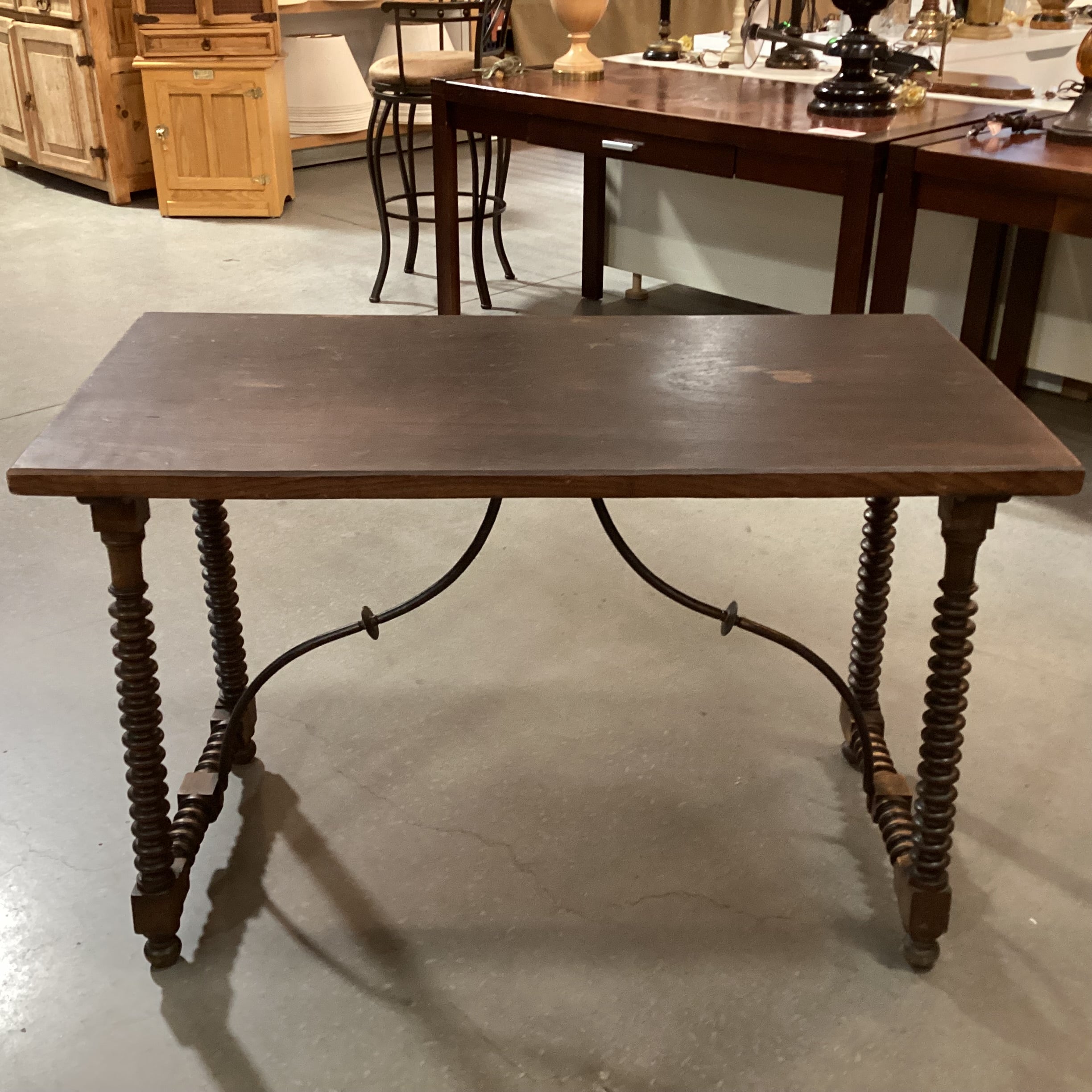 Antique Dark Finish Wood with Bobbin Turnings & Iron Stretchers Accent Table 44.5"x 22"x 28.5"