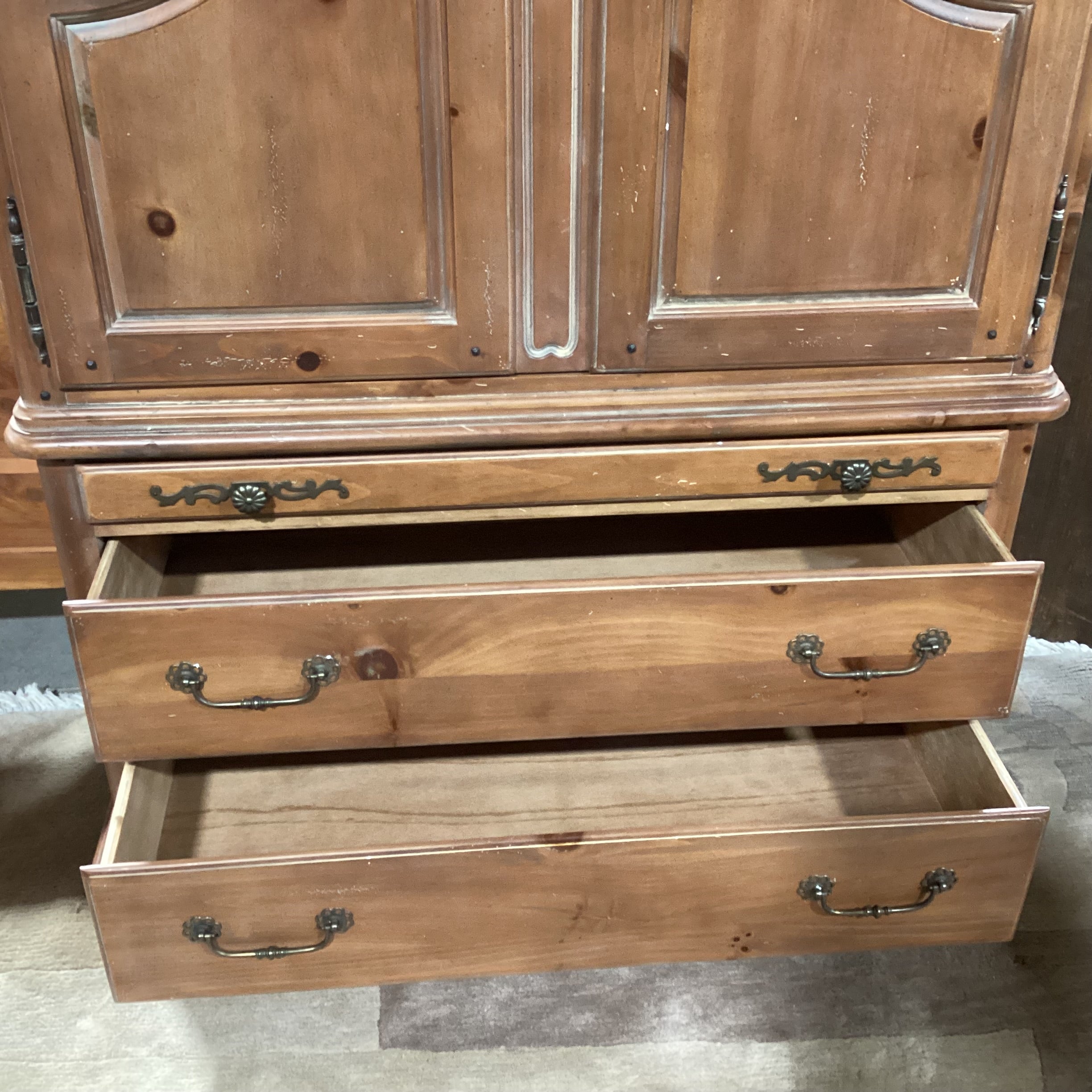 Distressed Light Wash Finish Pine 2 Door With Sectioned Shelves & 4 Drawer Armoire 40"x 20"x 83"