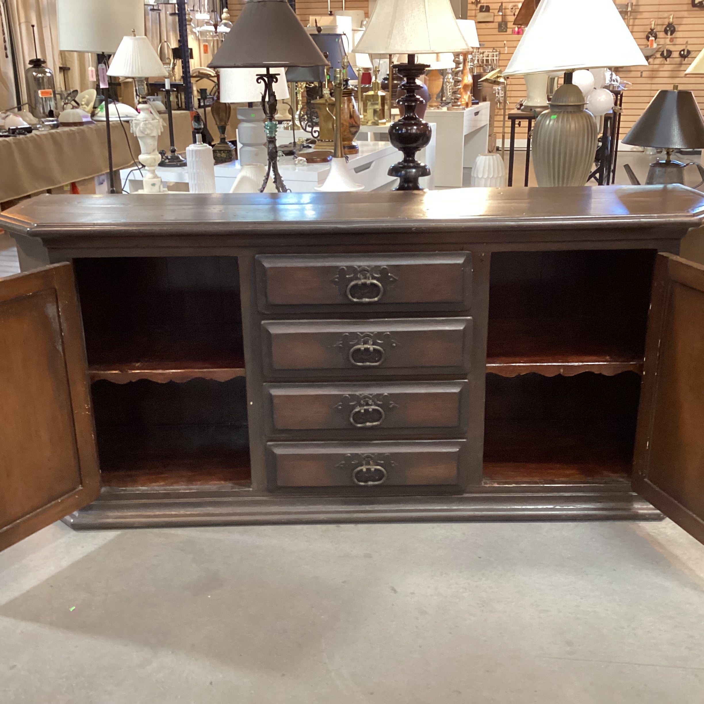 Vintage Antique Carved Wood with Iron Accent 4 Drawer 2 Door Buffet Sideboard 83"x 22"x 36.5"