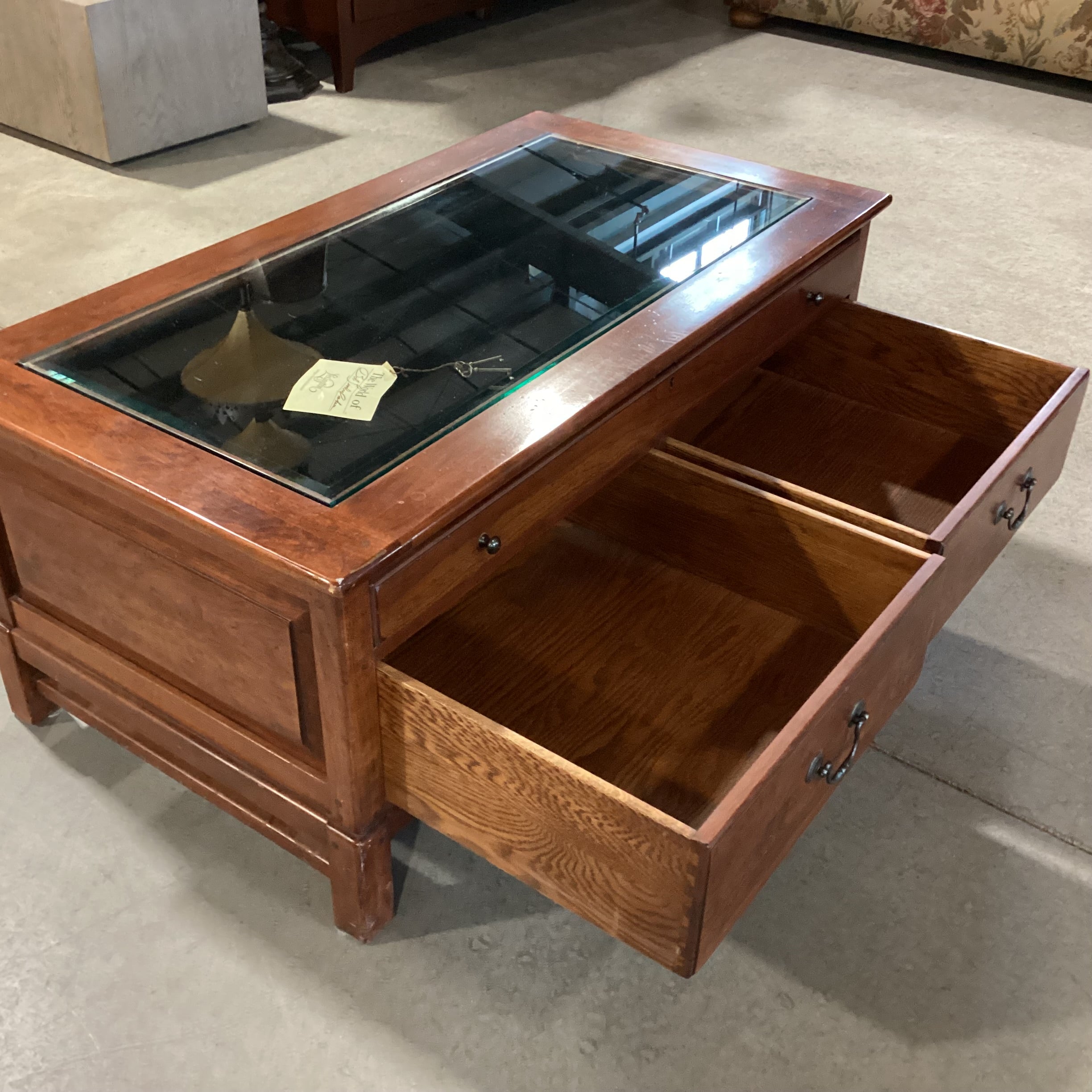 Bob Timberlake for Lexington Finished Wood & Glass Top Double Sided Pull Through Drawers Display Coffee Table 44"x 24"x 19"