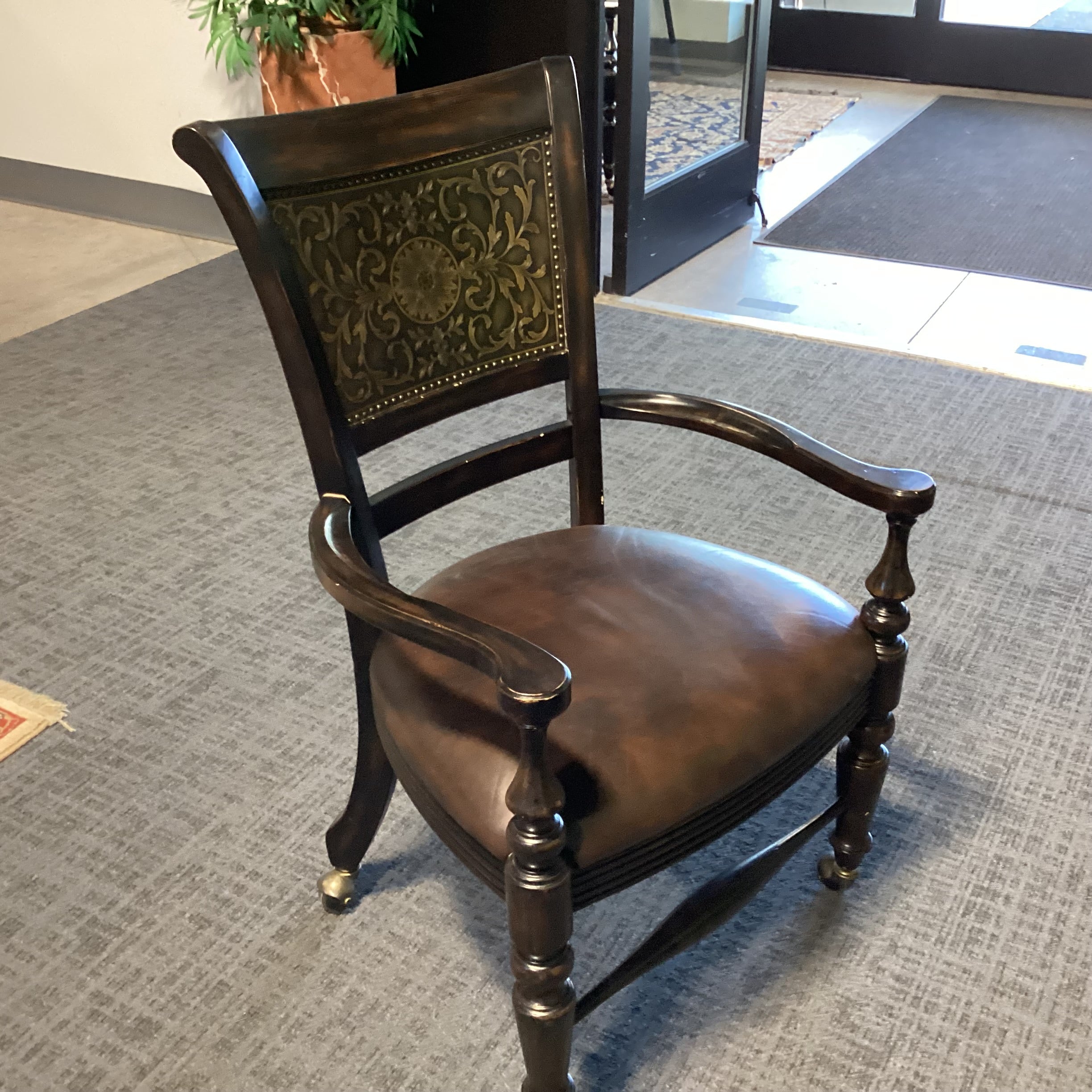 Black Distressed Wood Leather Seat & Ornate Metal Back Detail Frisco Castered Chair 24"x 23"x 40"