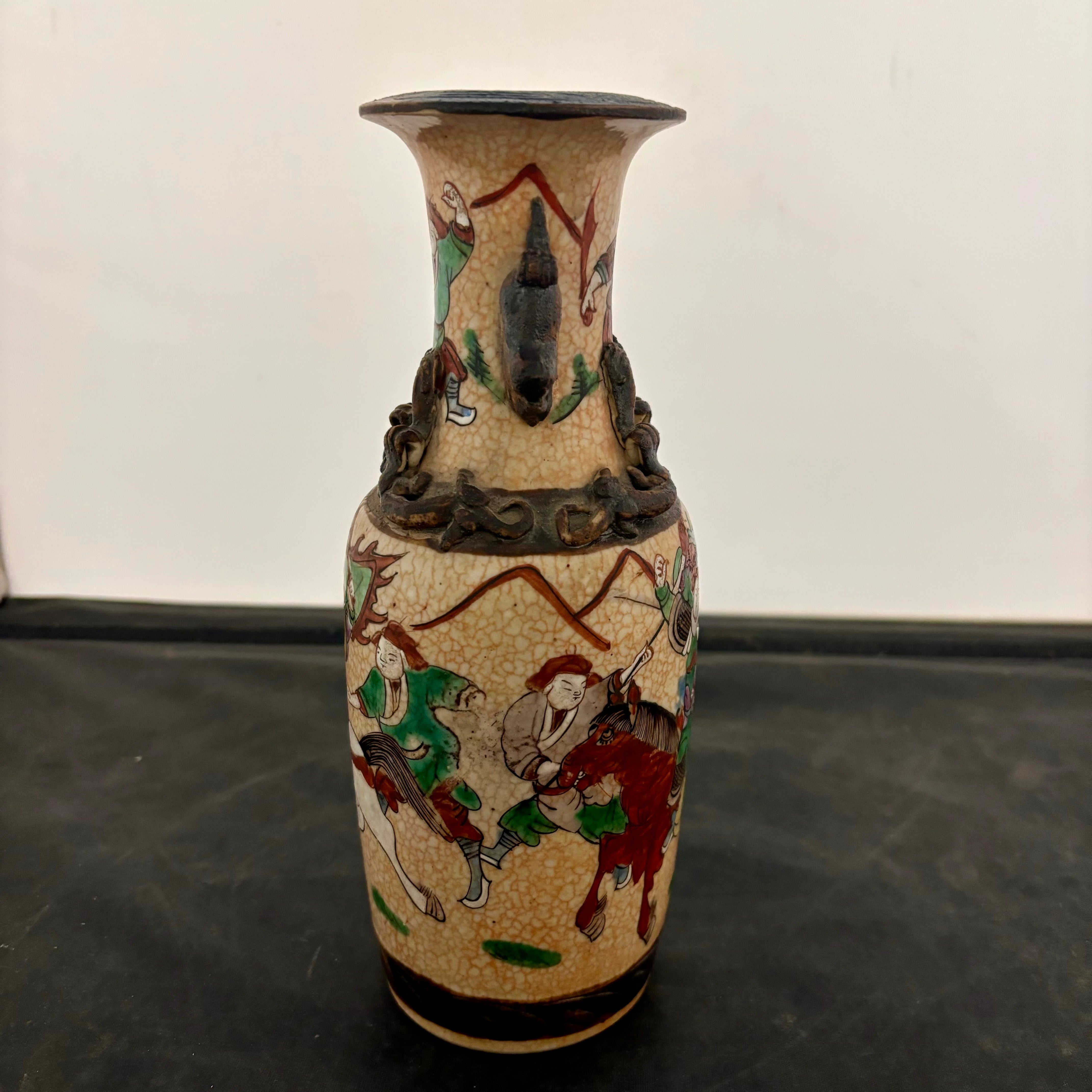 Antique Chinese Signed Famille Verte Vase with Figures and Faux Bronze Decoration 9.5"x 3.5"