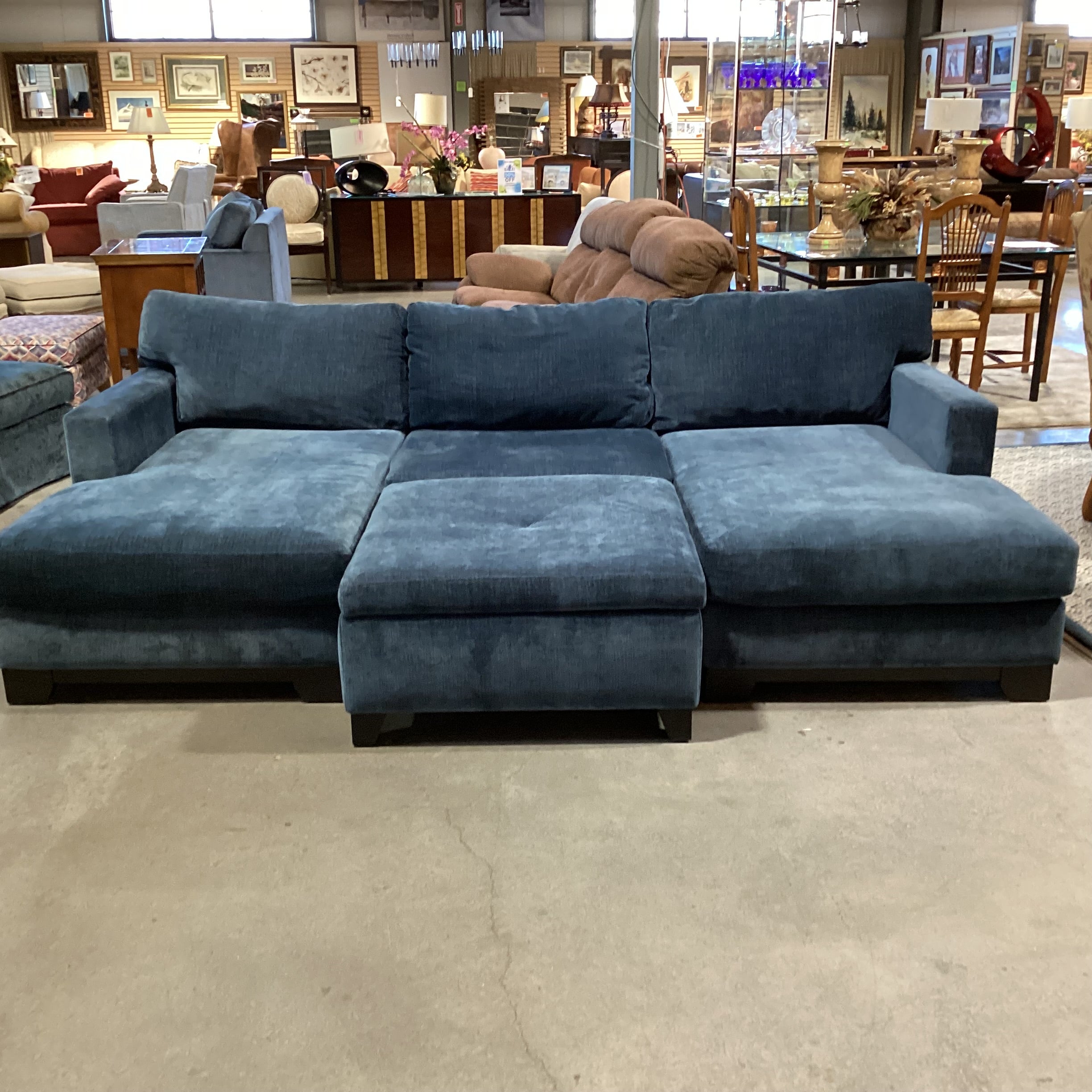 Jonathan Louis Blue Teal Chenille Velvet Woven 2 End Chaise with Storage Ottoman 4 Piece Sectional 103"x 64"x 64"x 30"