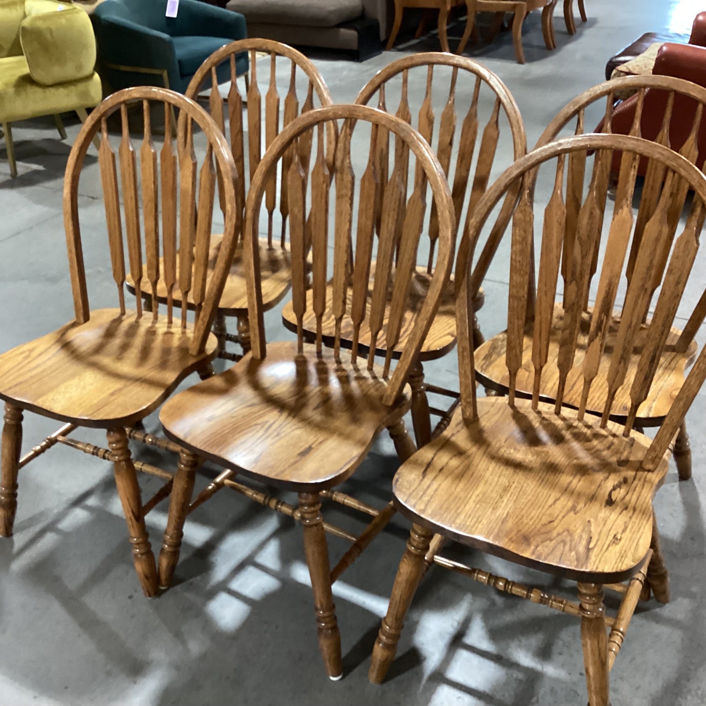 SET of 6 Solid Oak Arched Slat Back Dining Chairs 18"x 18"x 38"