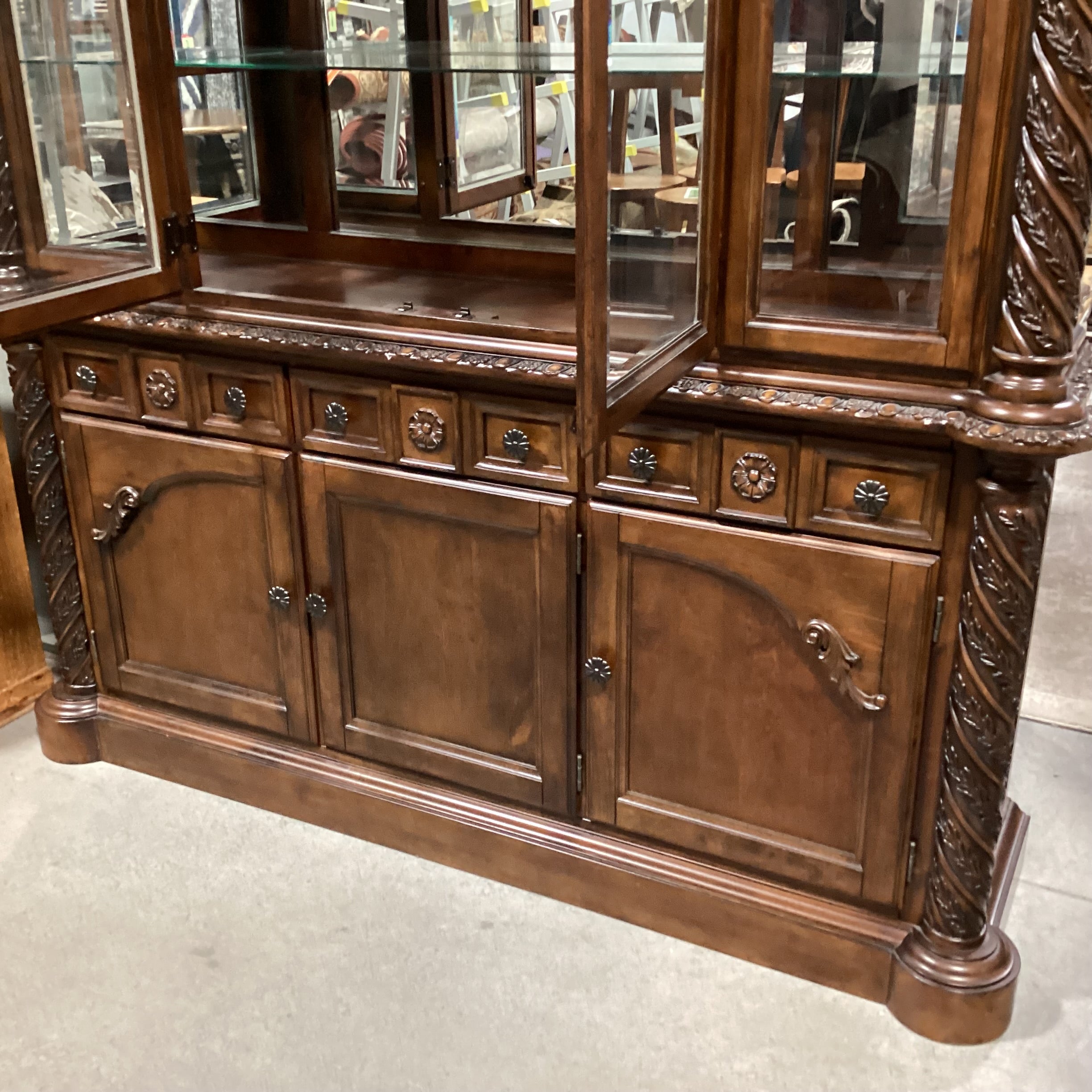 Ashley Furniture North Shore Ornate Carved Wood & Glass 2 Piece China Hutch 71"x 19"x 91"
