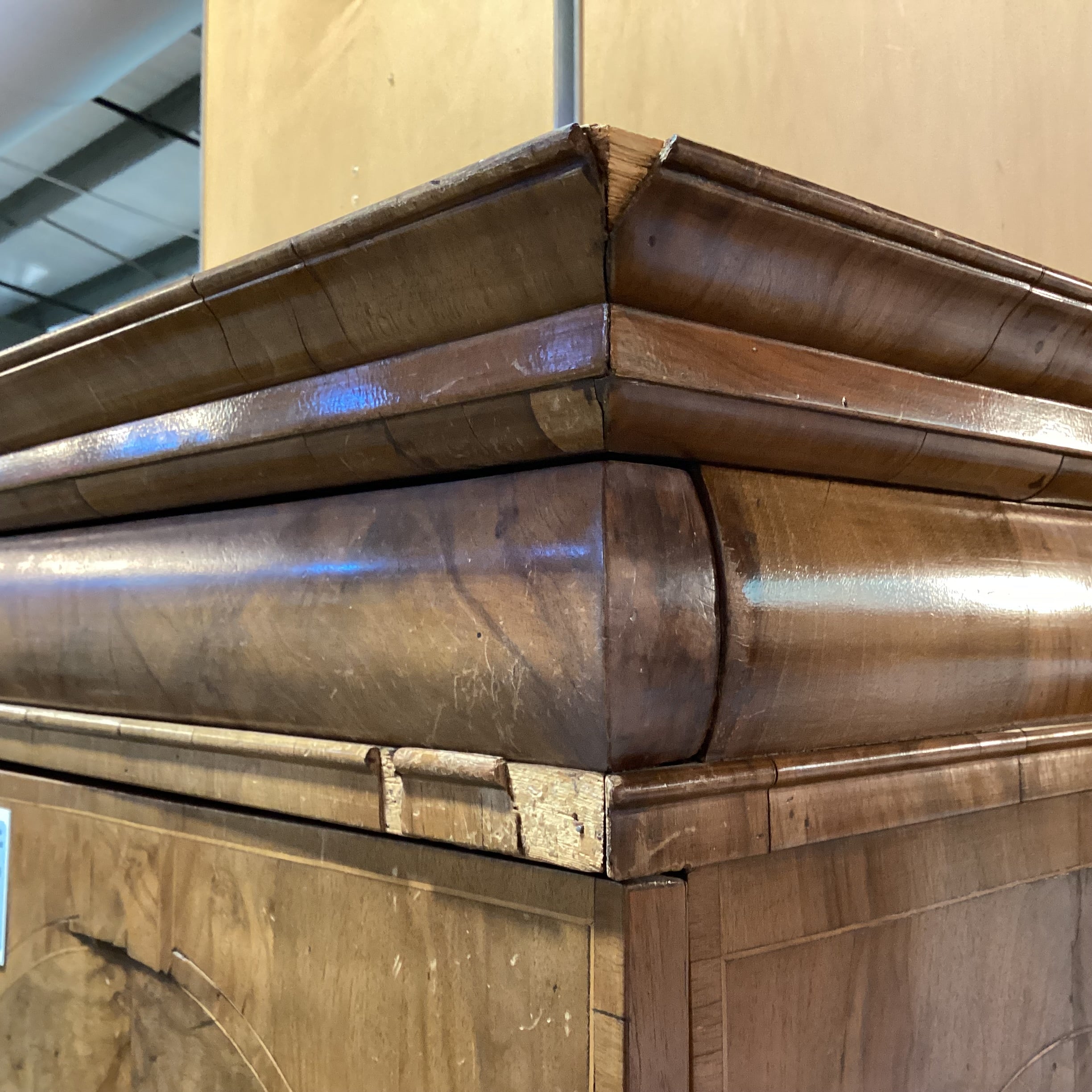 Antique English Burr Walnut Veneer Inlay & Brass Ornate Pulls 18 Drawer 2 Door 2 Piece Cabinet Chest 41"x 18"x 66"