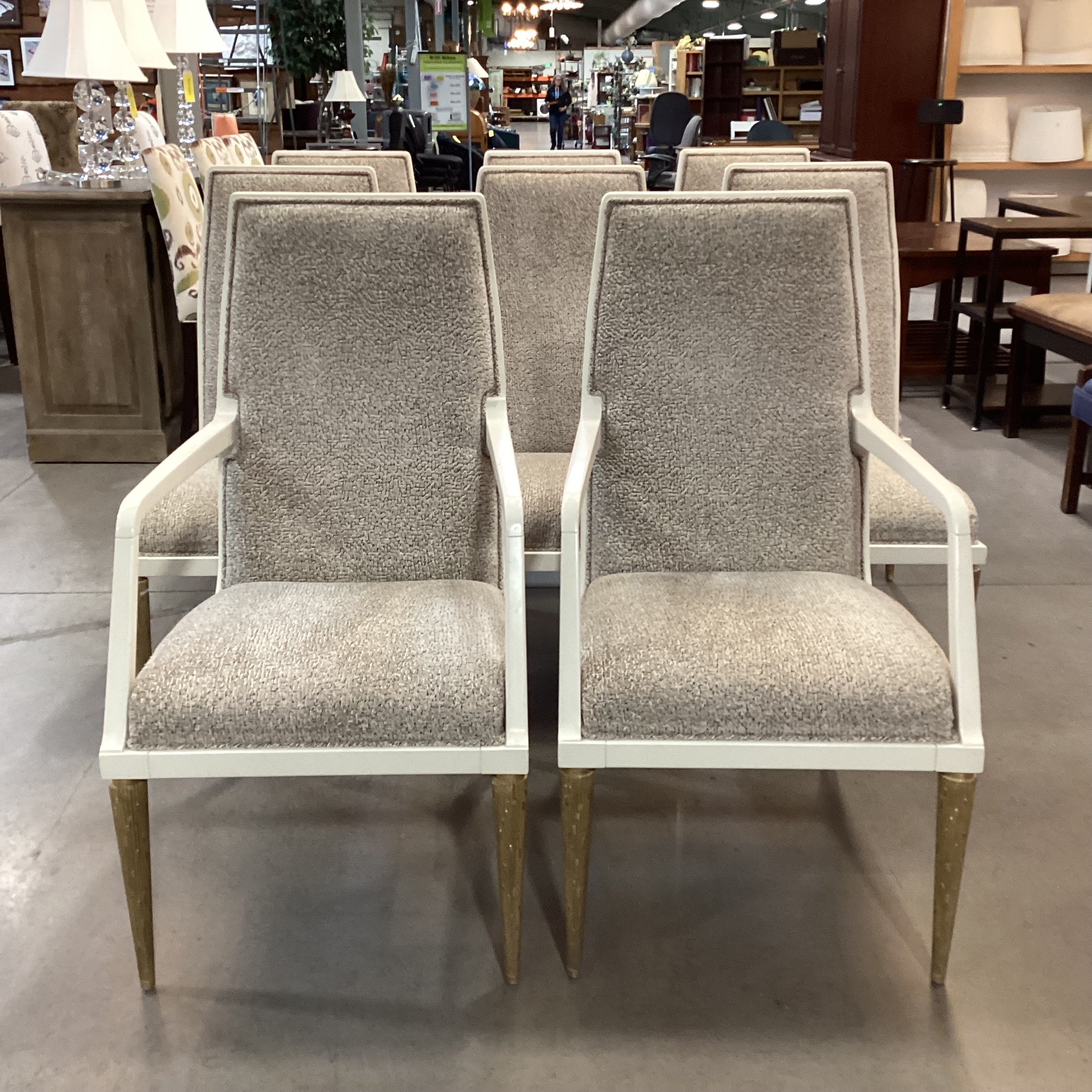 SET of 8 Jean Louis Denoit for Baker Taupe Cream Black Raised Chenille Woven & Cream Gold Wood Jasper Dining Chairs 23"x 28"x 42"