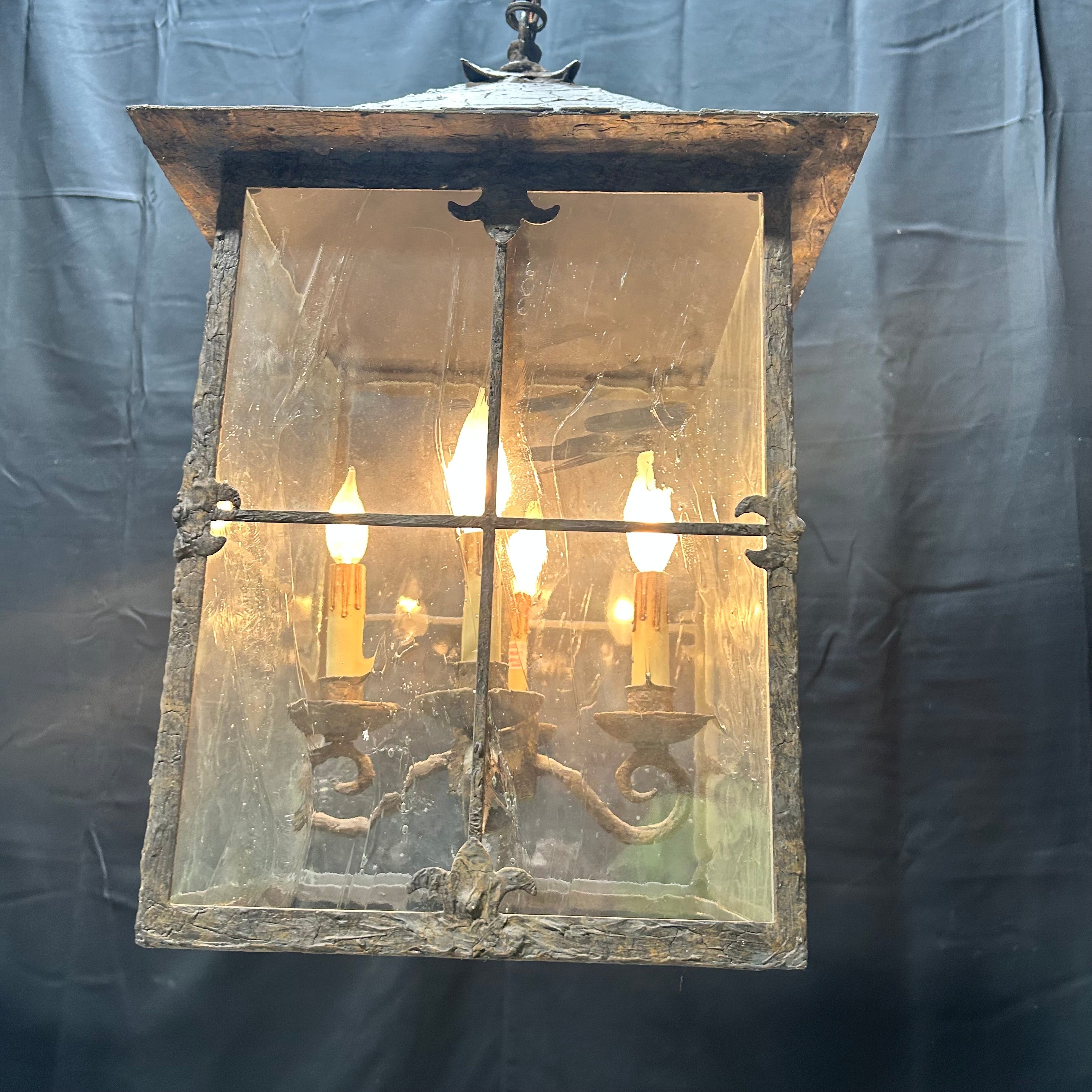 Vintage Rustic Metal & Textured Glass 4 Light Candelabra 12"x 25"Pendant