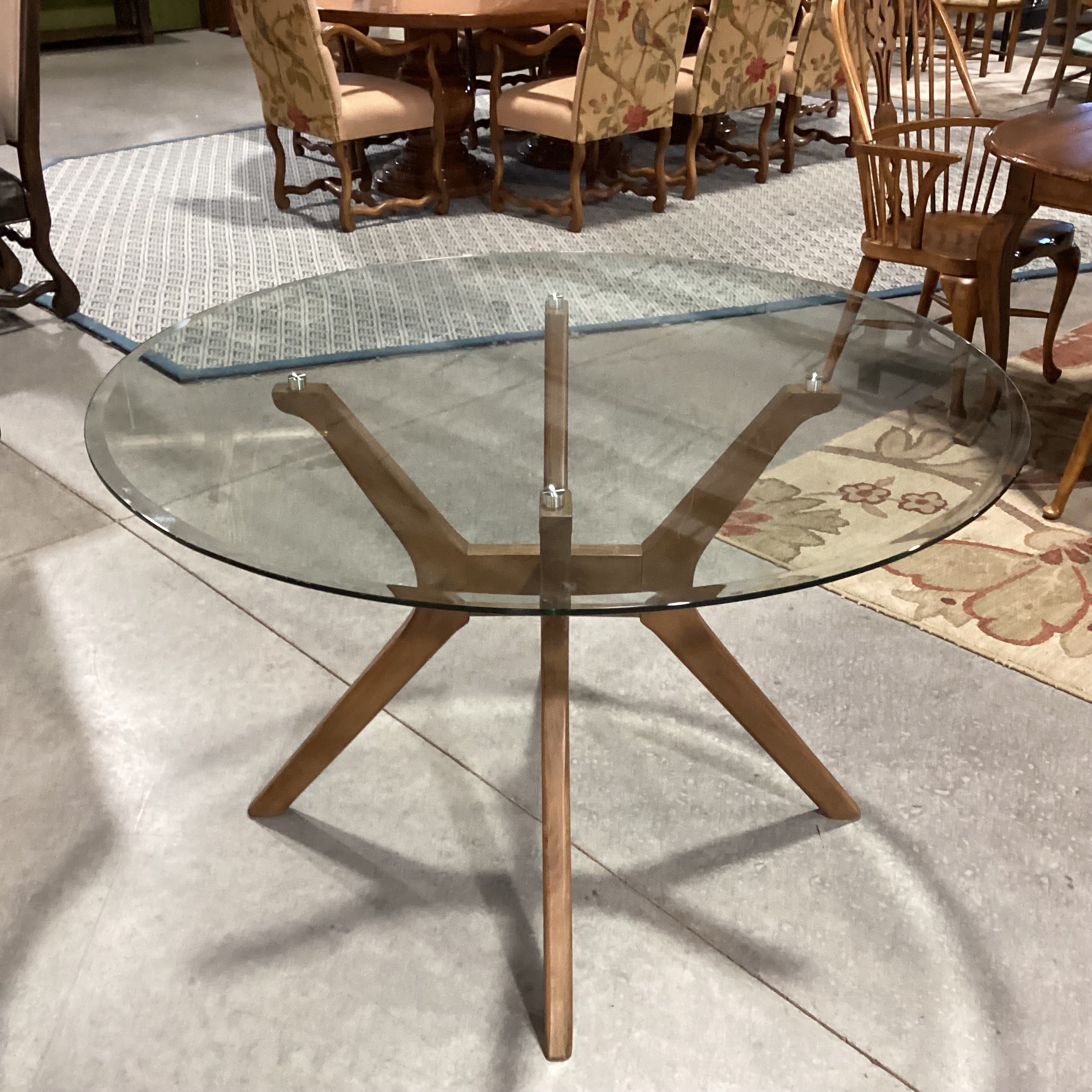 Mid Century Style Round Glass & Wood 4 Leg Pedestal Dining Table 48" Diameter x 30"