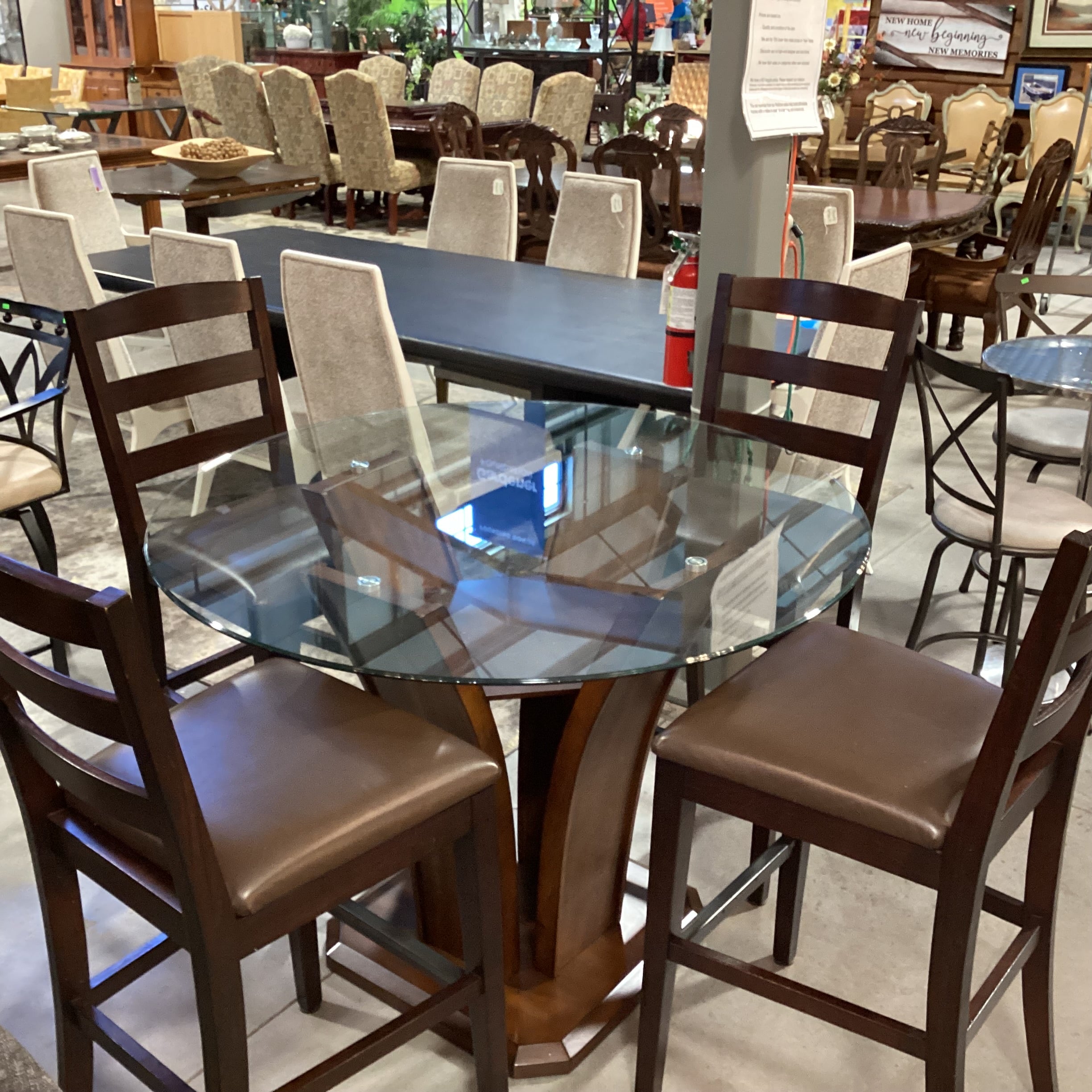 Wood & Glass Table with 4 Wood & Leather Barstools Dining Set 48" Diameter x 36"