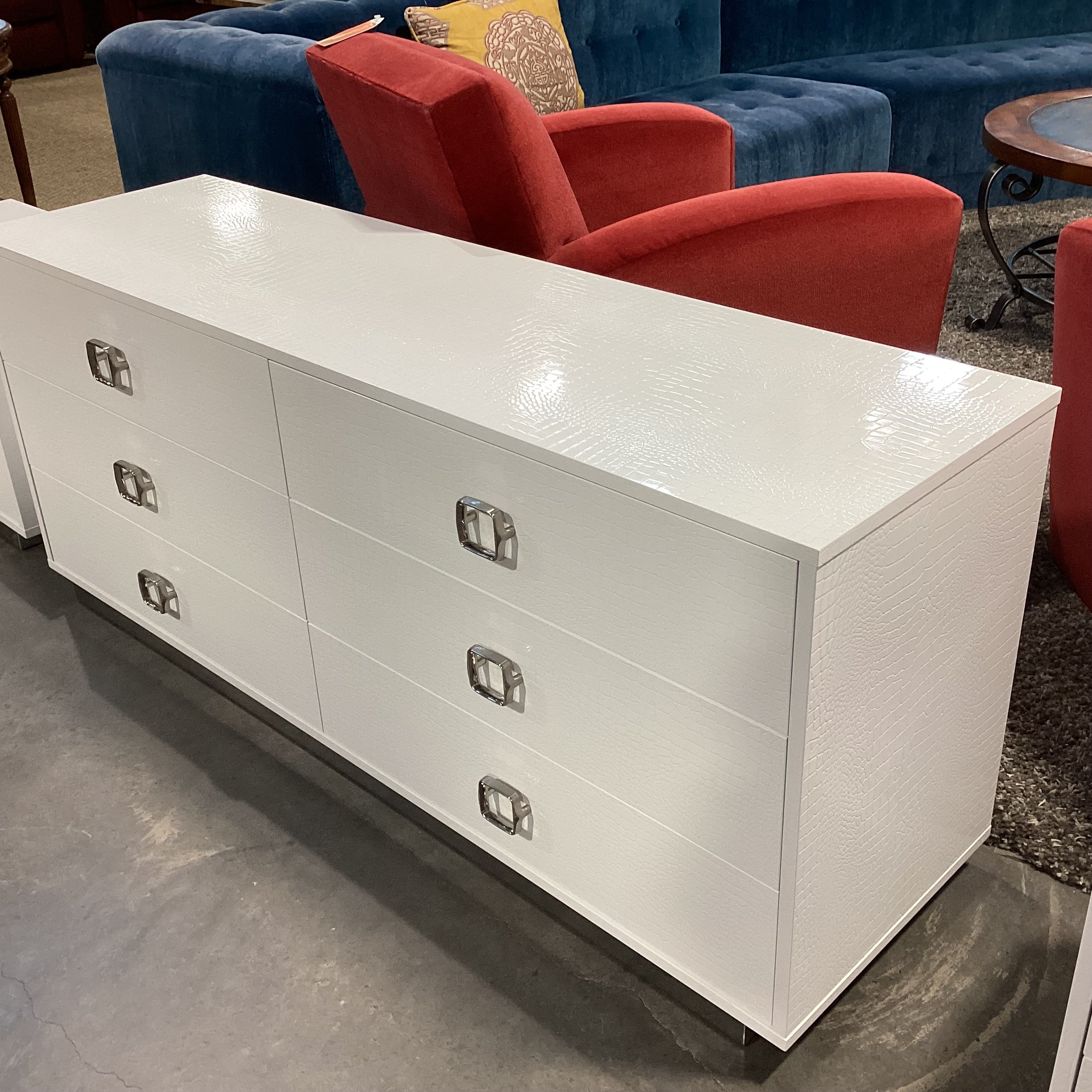 A&X Casa Milano White Croc Style Faux Leather 6 Drawer Dresser 63"x 19"x 26.5"