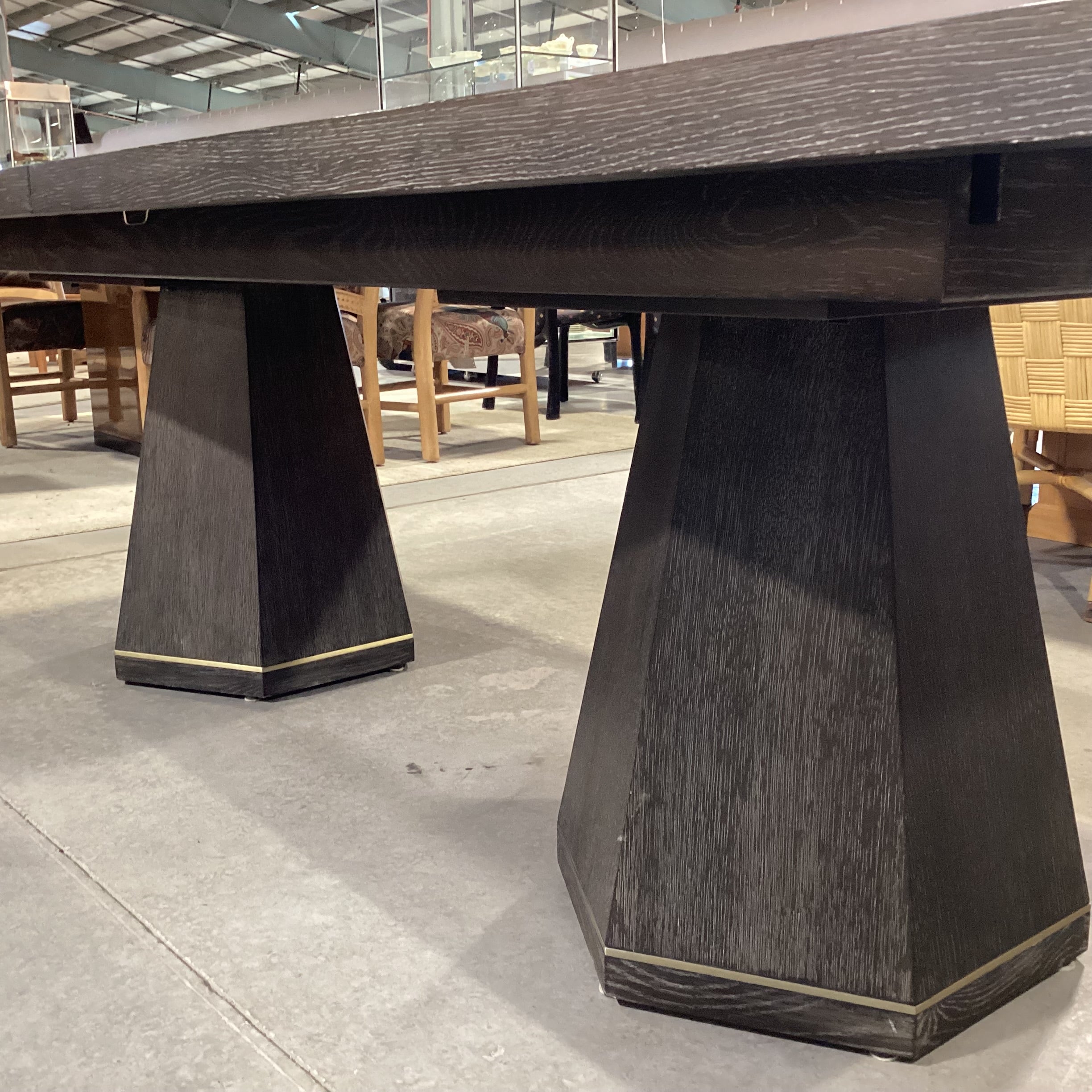 Mitchell Gold & Bob Williams Modern Cerused Charcoal Finish Oak Geometrical Pedestals with Brass Emerson Dining Table 96" to 132"x 42"x 30.5"