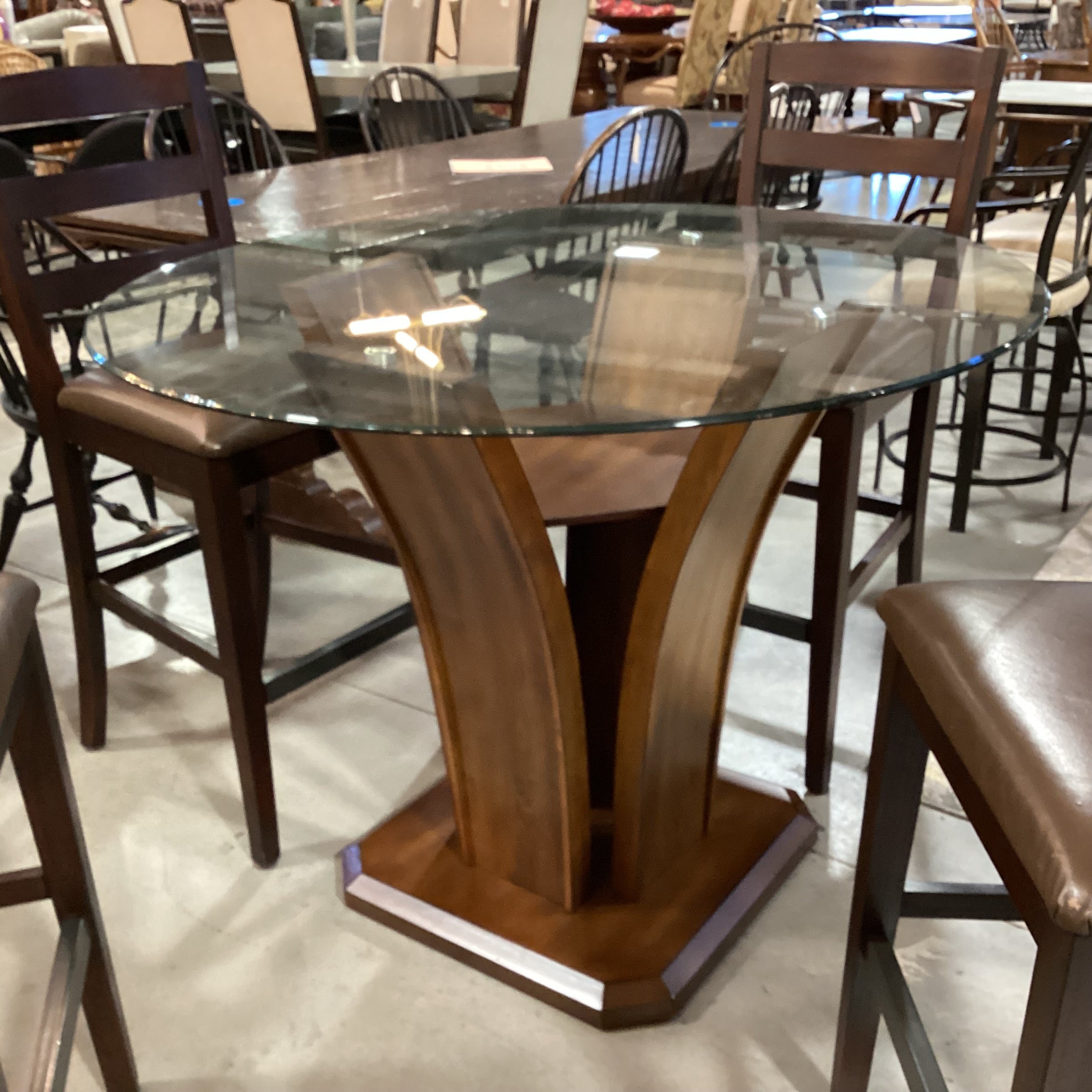 Wood & Glass Table with 4 Wood & Leather Barstools Dining Set 48" Diameter x 36"