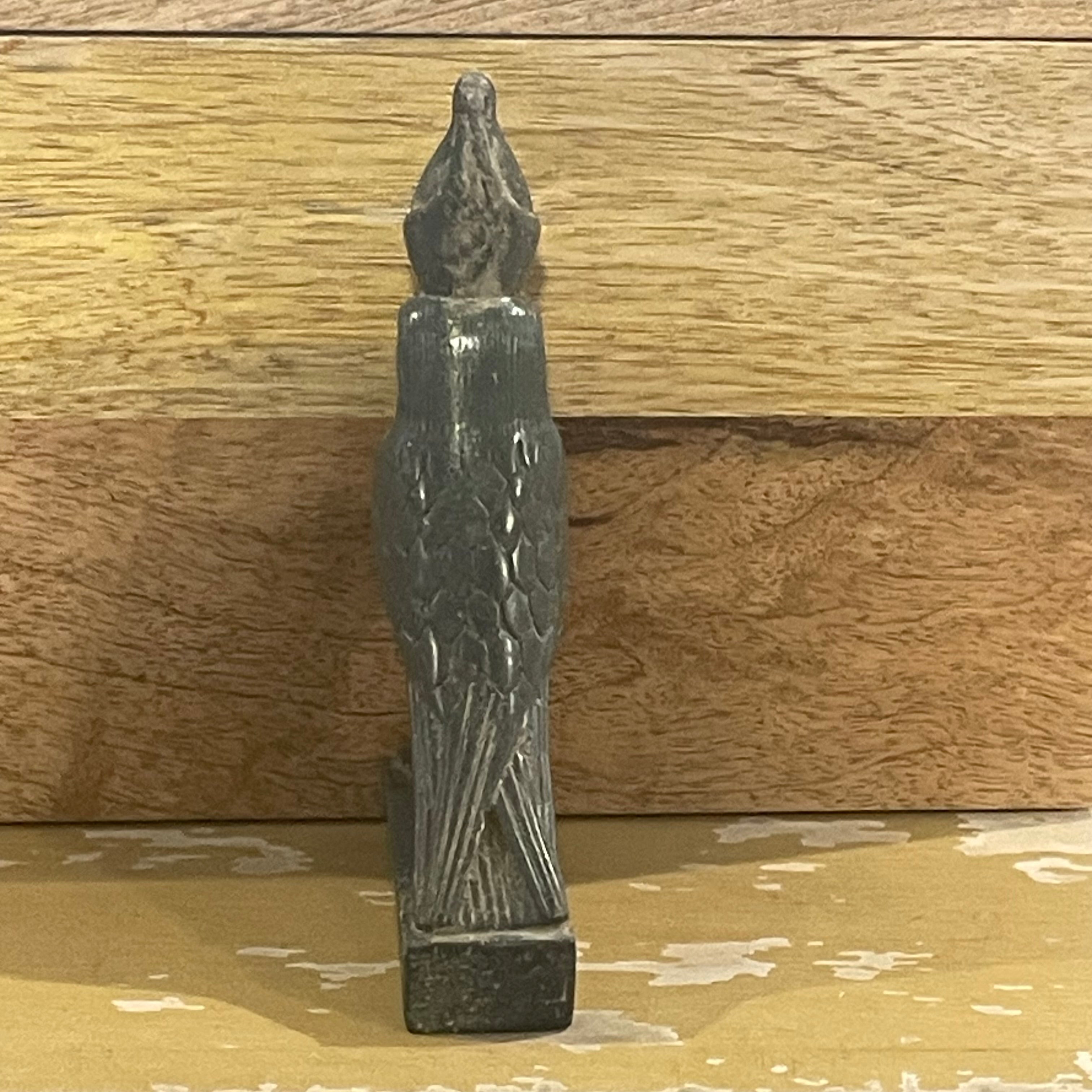 Vintage Egyptian Hand Carved Spinach Jade Double-Crowned 'Horus', Falcon Diety Figurine, 3.5"x 1.25"x 6.25"