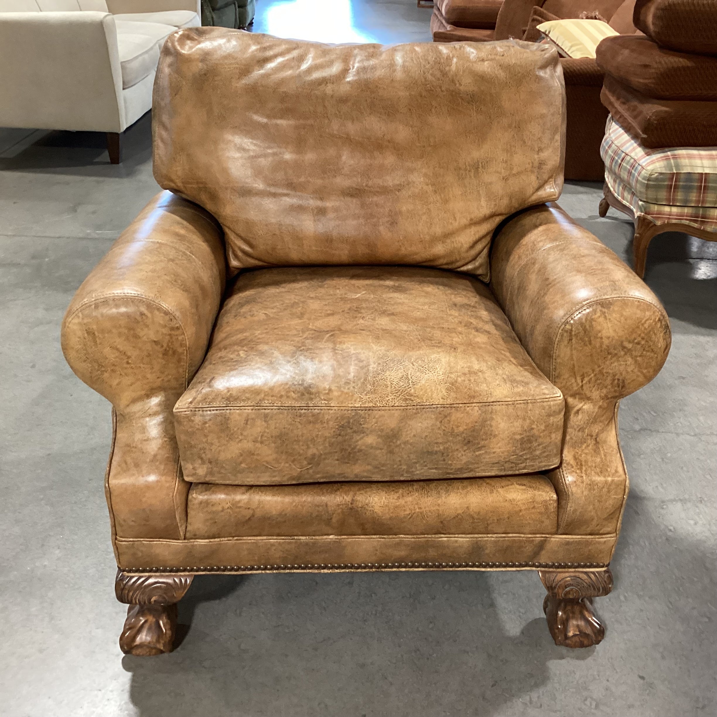 Stanford Furniture Distressed Golden Brown Leather Nailhead & Carved Feet Chair 37"x 36"x 32"