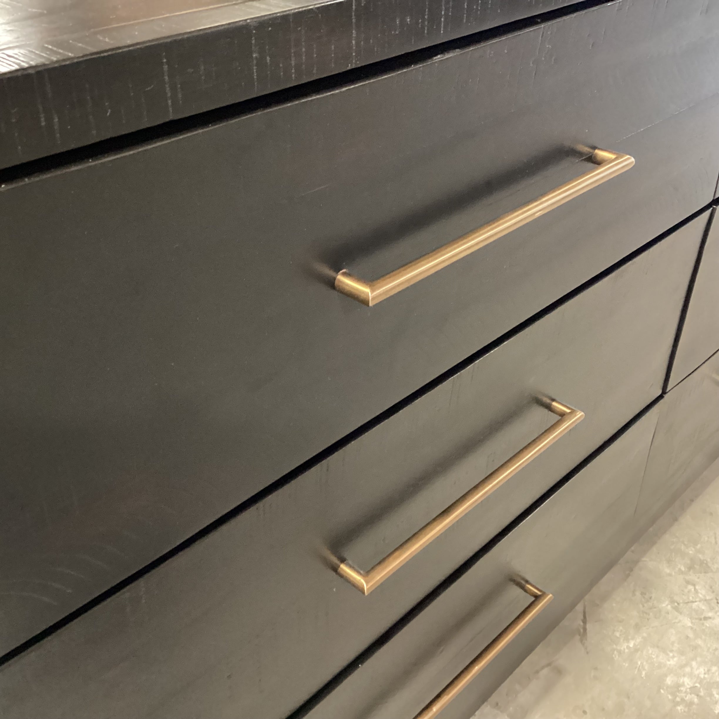 Four Hands Burnished Black Acacia Wood Antiqued Brass Rod Pulls 6 Drawer Suki Dresser 60"x 18"x 31.5"