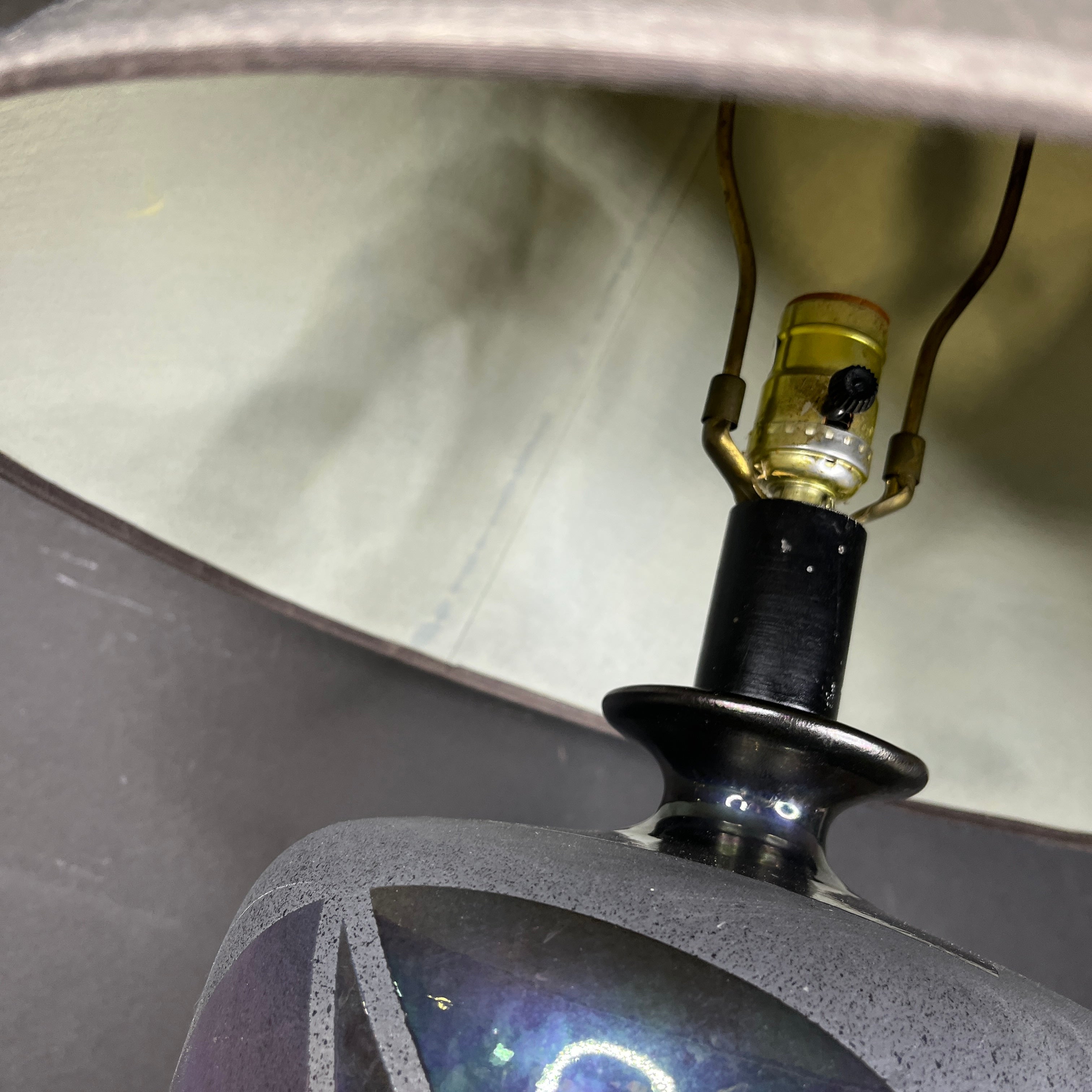 Casual Lamps 88’ Post Modern Style Iridescent and Speckled Black/Gray Geometric Pottery with Shade Table Lamp 19.5” Diameter @ Shade x 38”