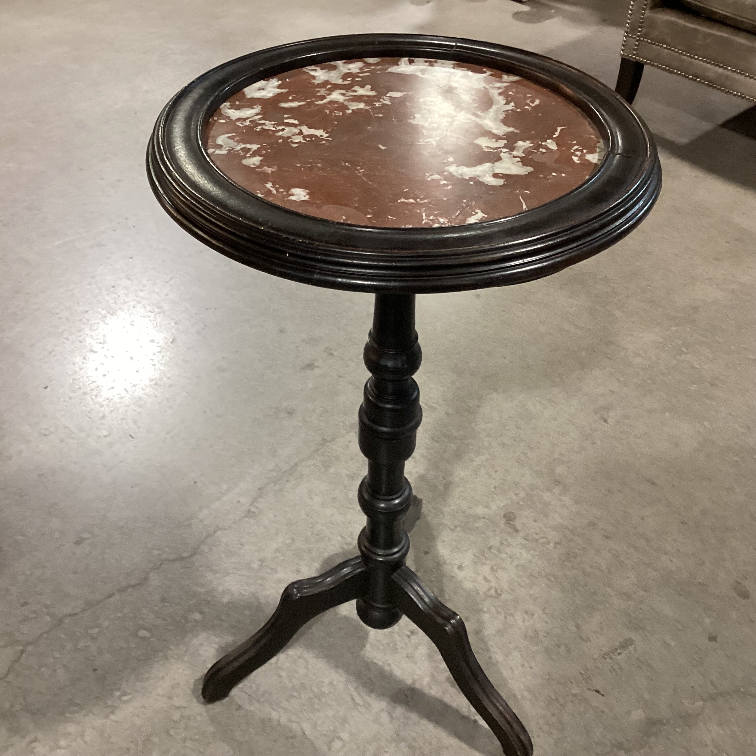 Antique Carved Wood Pedestal & Marble Round Accent Table 17" Diameter x 30.5"