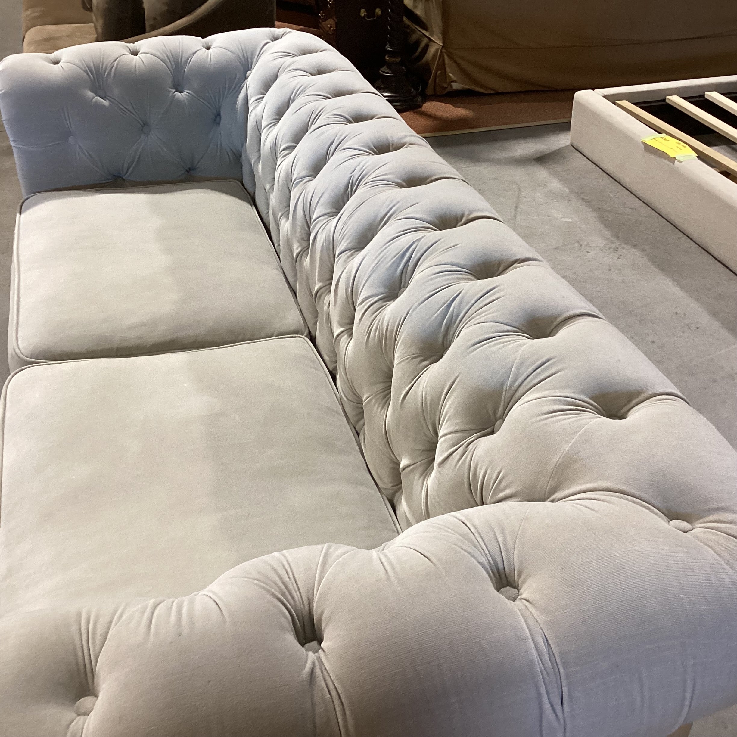 Restoration Hardware Kensington Dove Grey Velvet Tufted with Castered Feet Sofa 96"x 39"x 31"