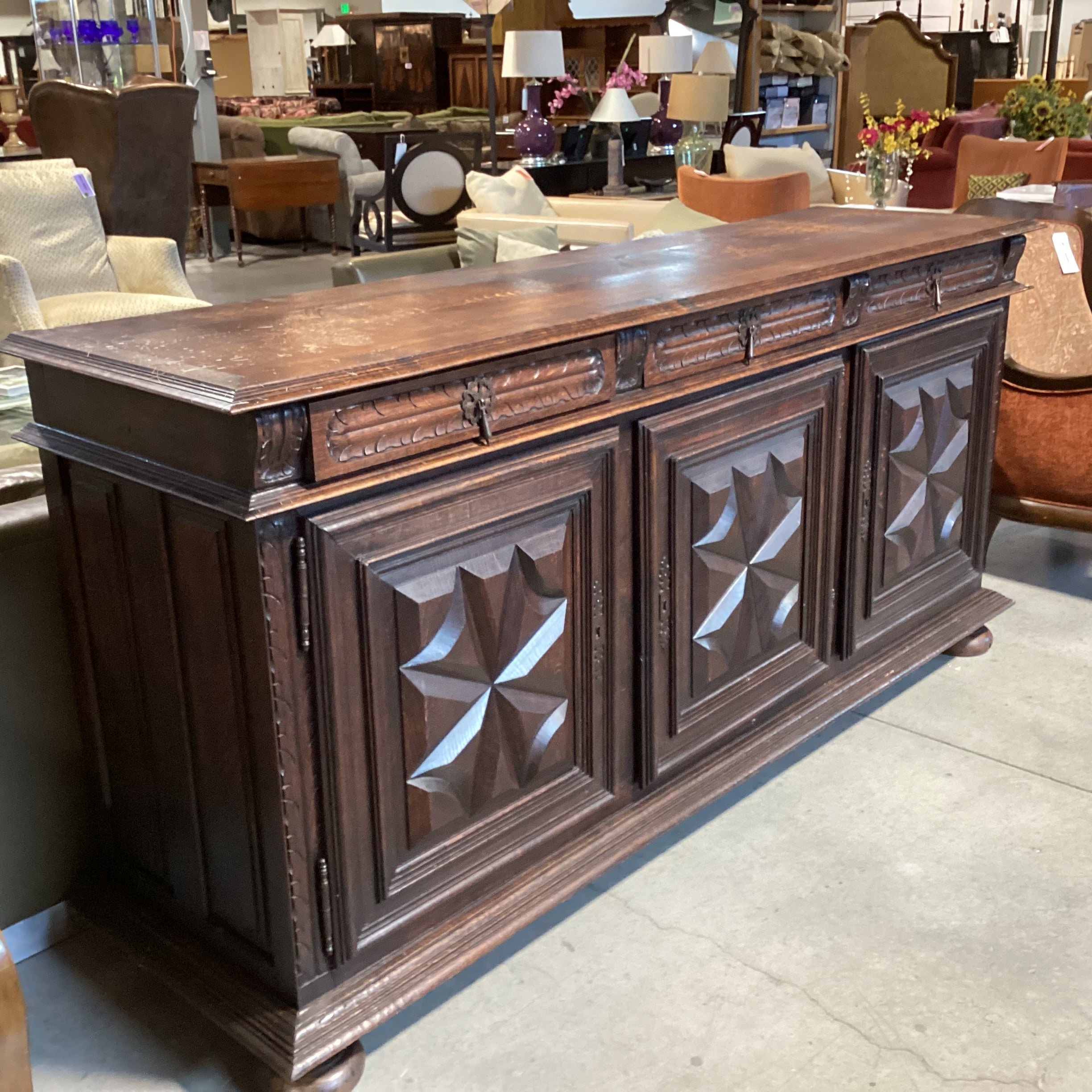 Antique Solid Carved Finished Oak 3 Drawer 3 Door Credenza 83"x 22"x 39"