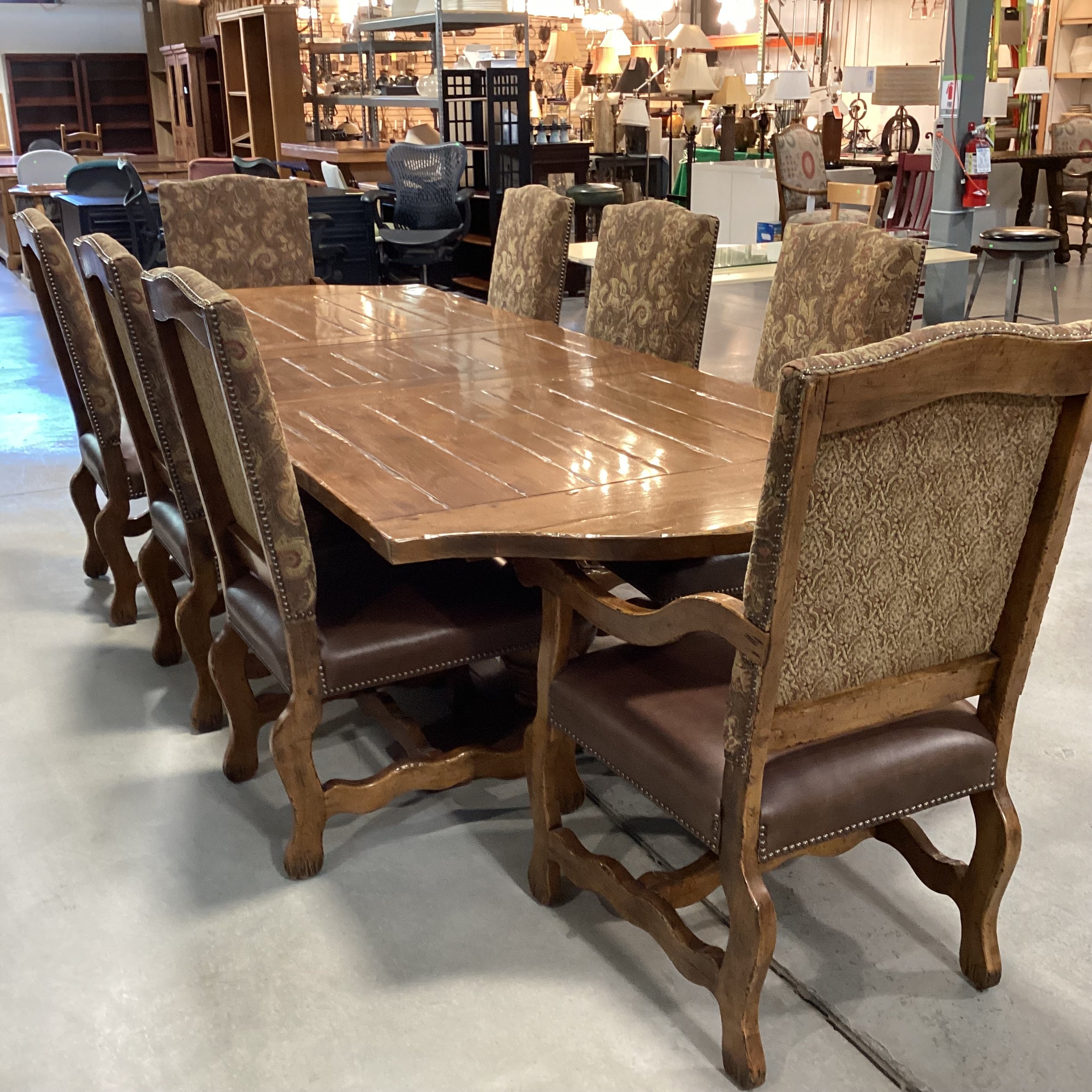 Distressed Finished Wood with Leaf & 8 Carved Wood Leather & Upholstery Chairs Dining Set 120"x 44"x 30"