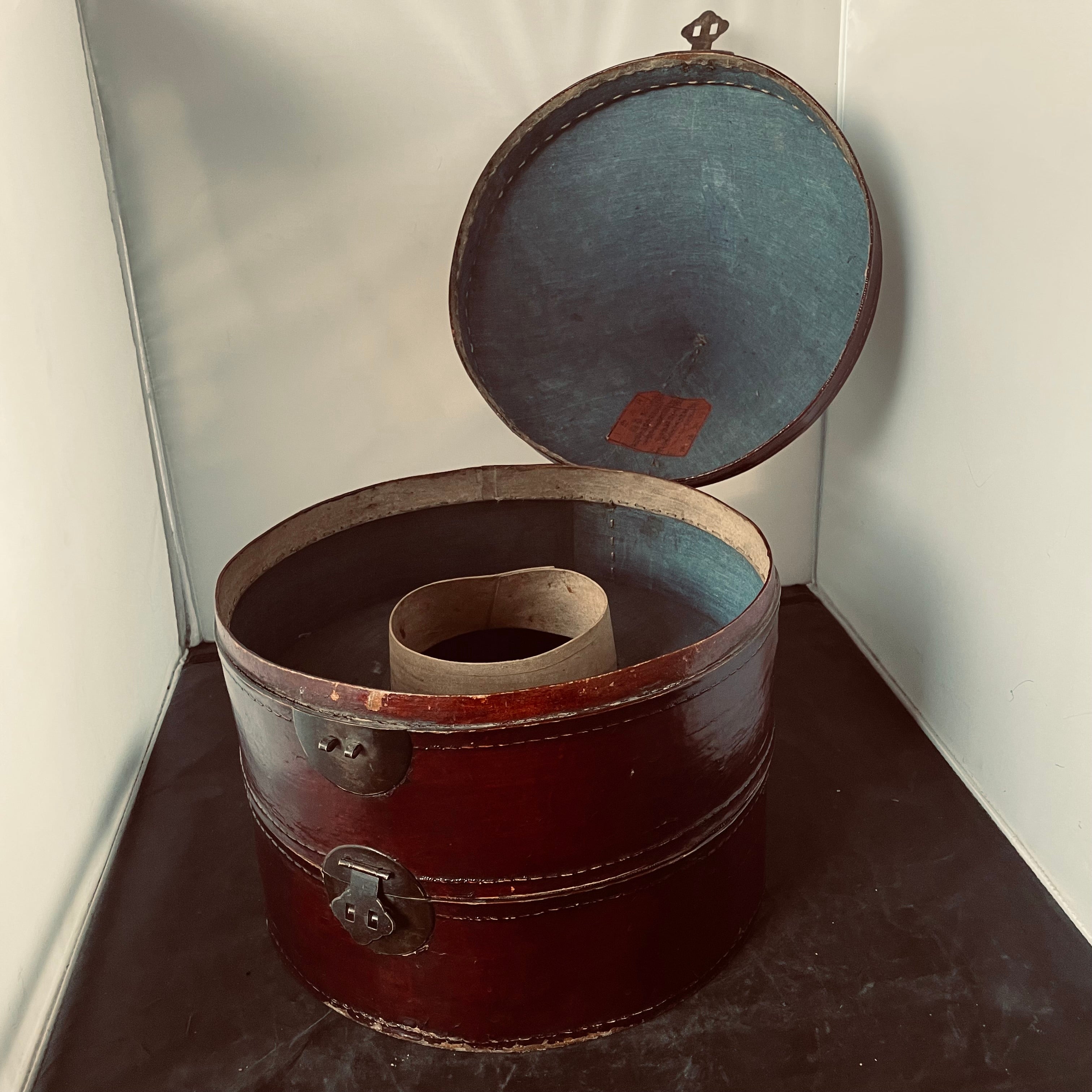 Antique Chinese Dark Red Lacque Leather/iron Hat Box, 13"x 16"
