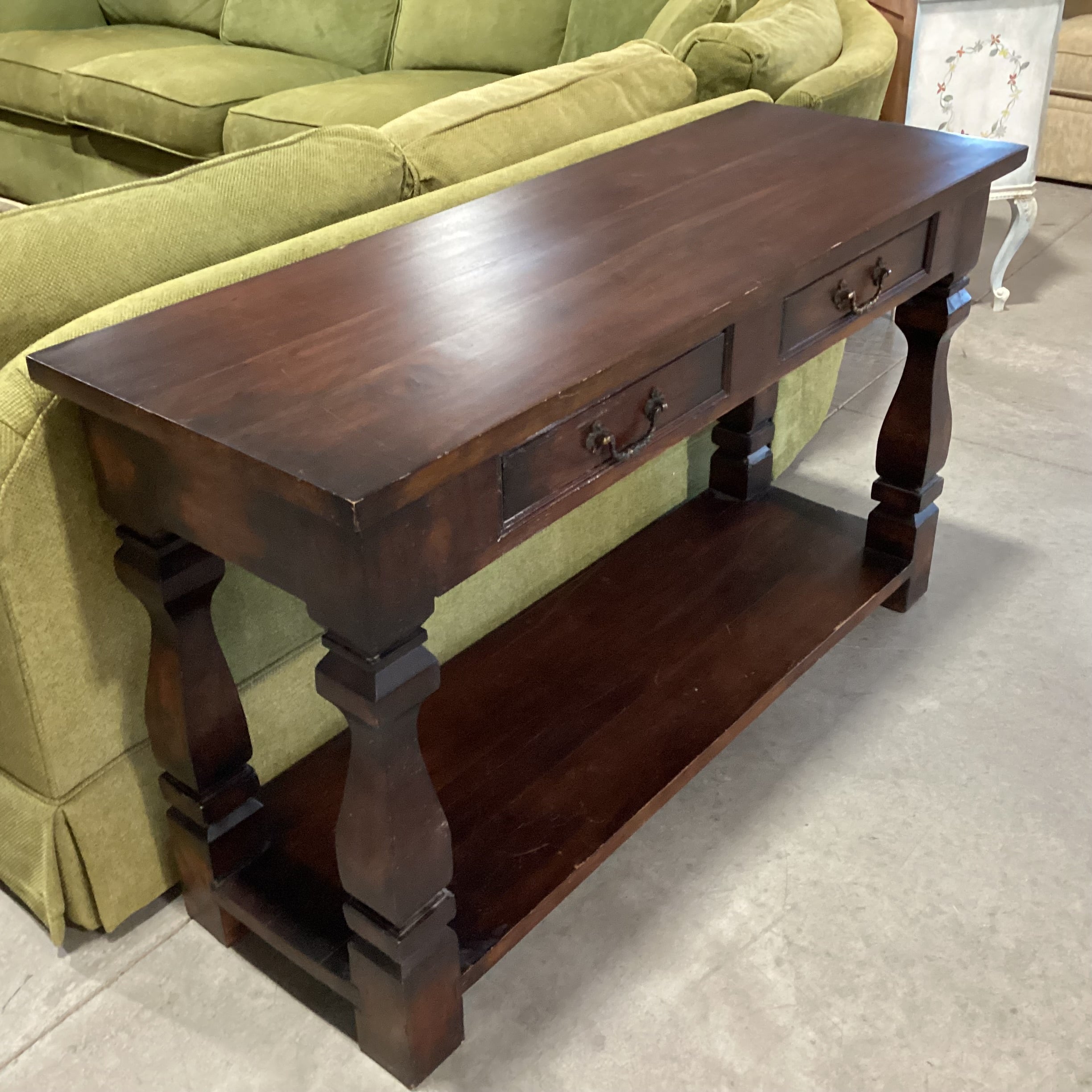 Solid Dark Finish Wood Carved Legs 2 Drawer & Bottom Shelf Console Sofa Table 52"x 18"x 30"