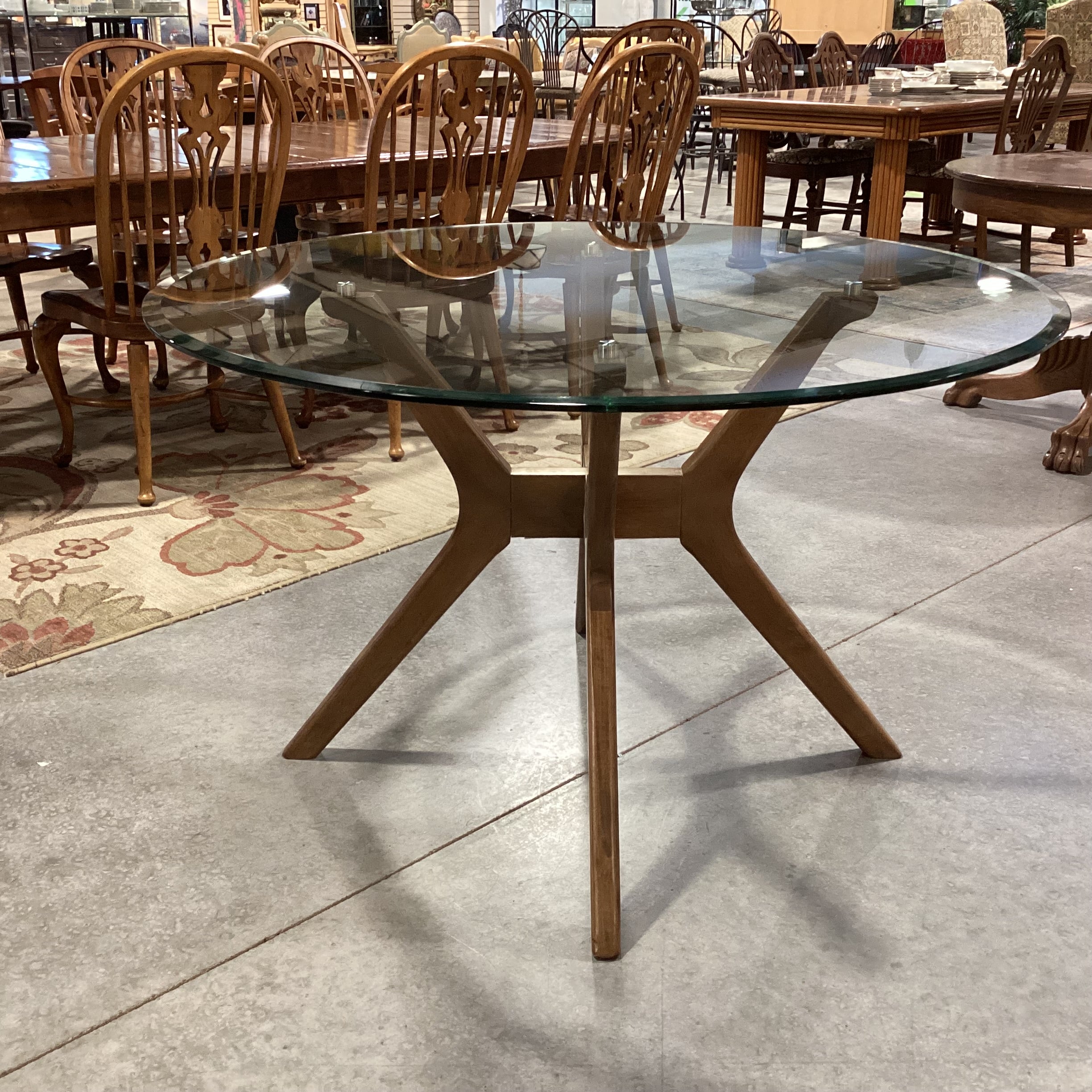 Mid Century Style Round Glass & Wood 4 Leg Pedestal Dining Table 48" Diameter x 30"