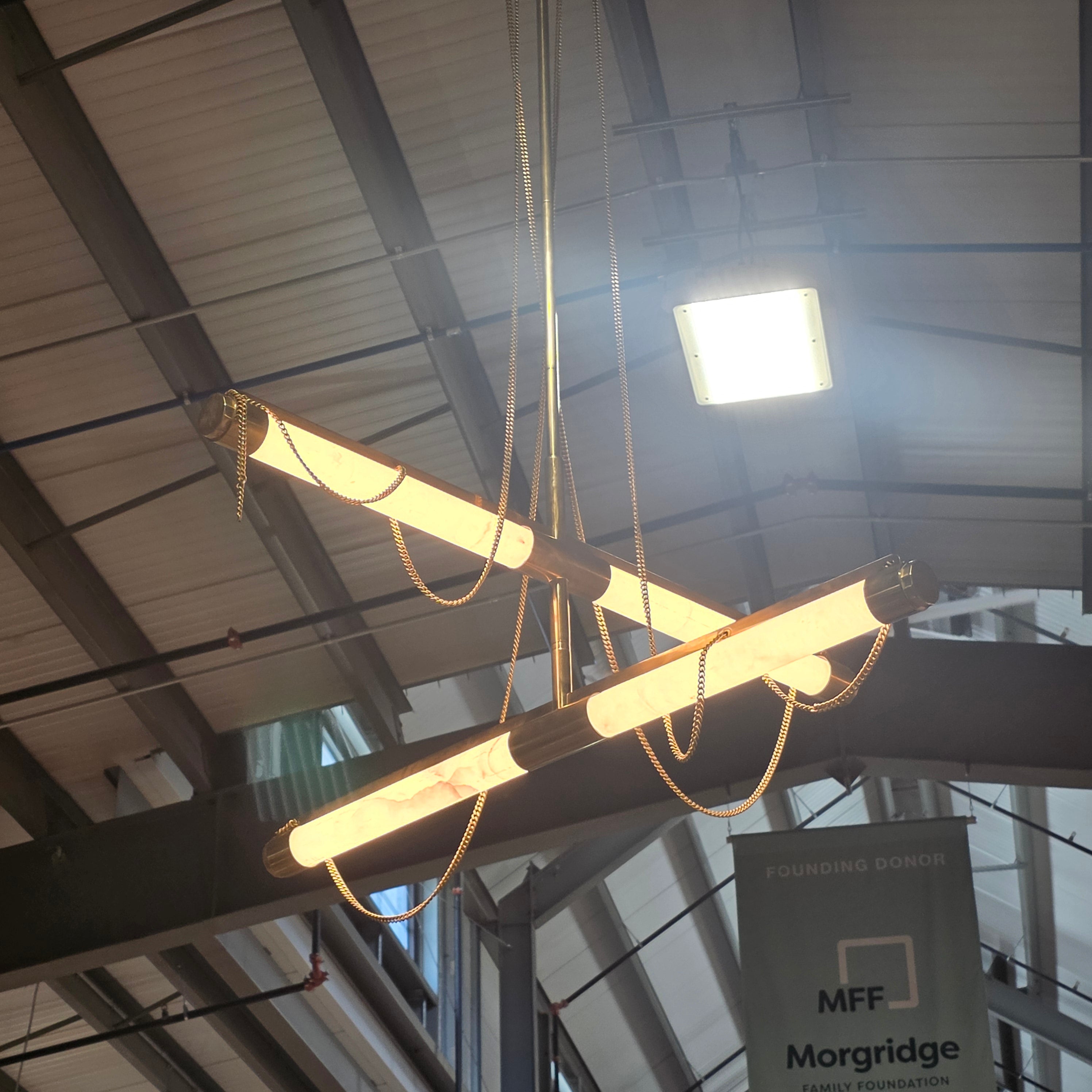 BRAND NEW Lariat Liner by Corbett Lighting with Gold, Gold Chains and Alabaster Stone Two Light Chandelier 48"x69"