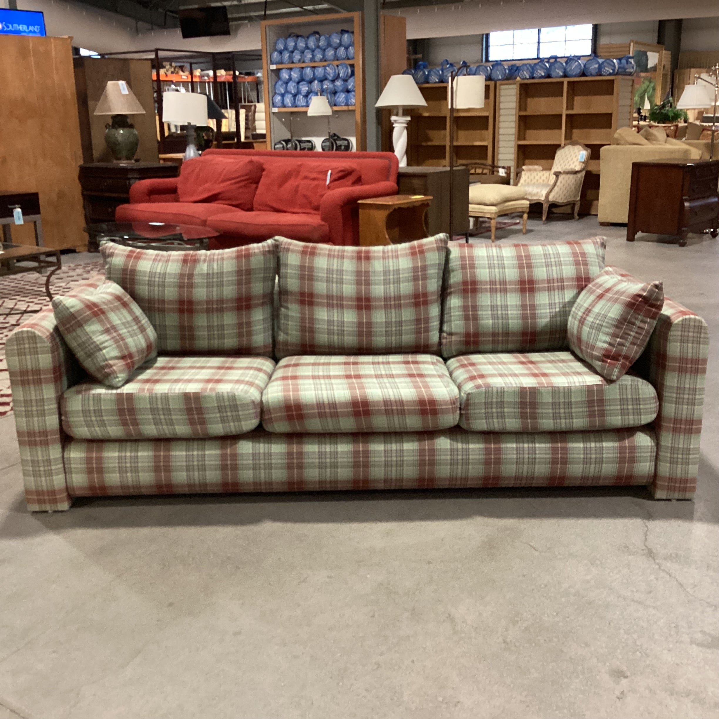 Green Rust Blue Woven Plaid Sofa 87"x 36"x 25"