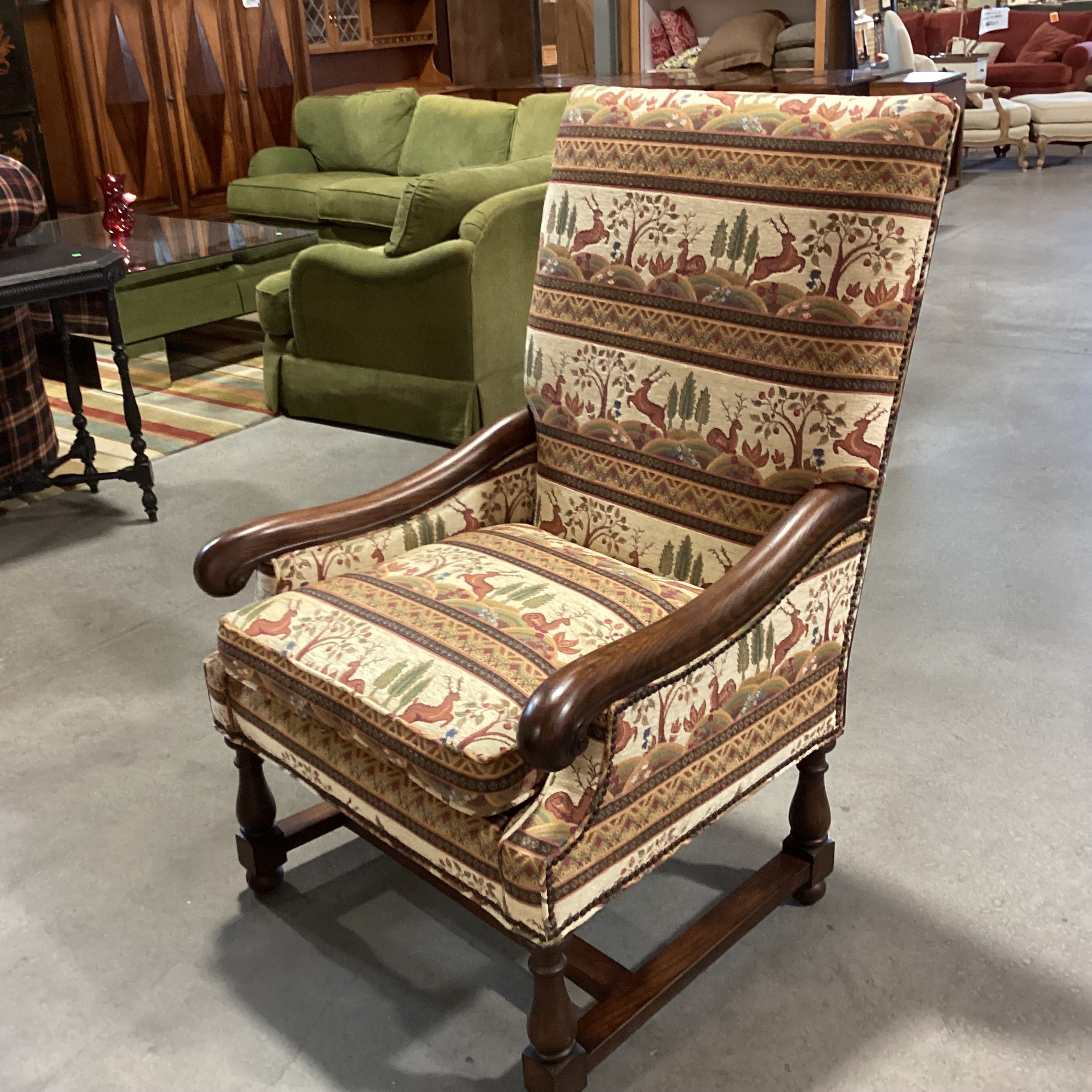 Dindy Foster Interiors Custom Deer Floral Nailhead & Carved Wood Highback Chair 31"x 31"x 47"