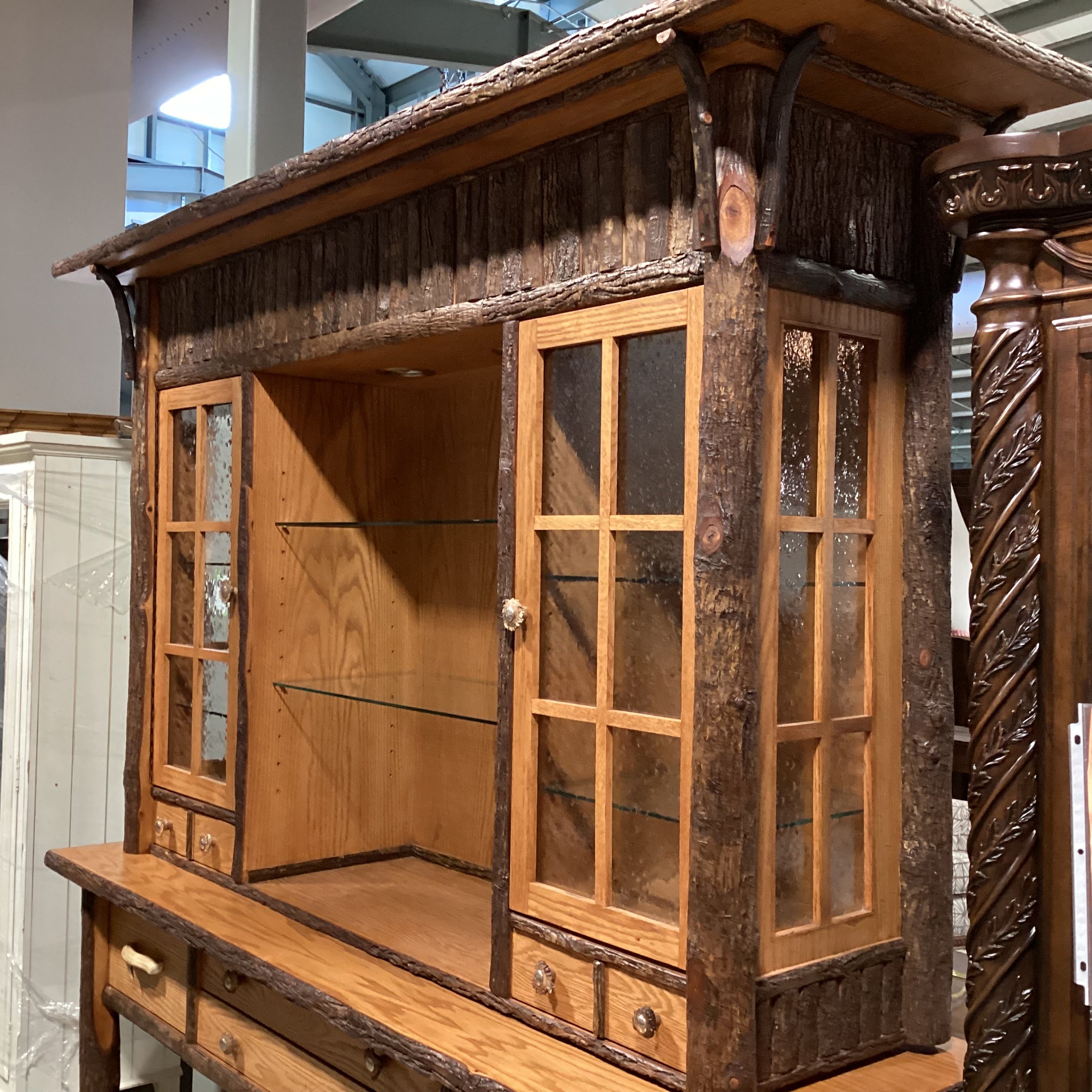 Old Hickory Lodge Craft Big Ranch Hickory Log Oak & Veneers Antler Style Pulls 2 Piece China Hutch 82"x 25.5"x 85"