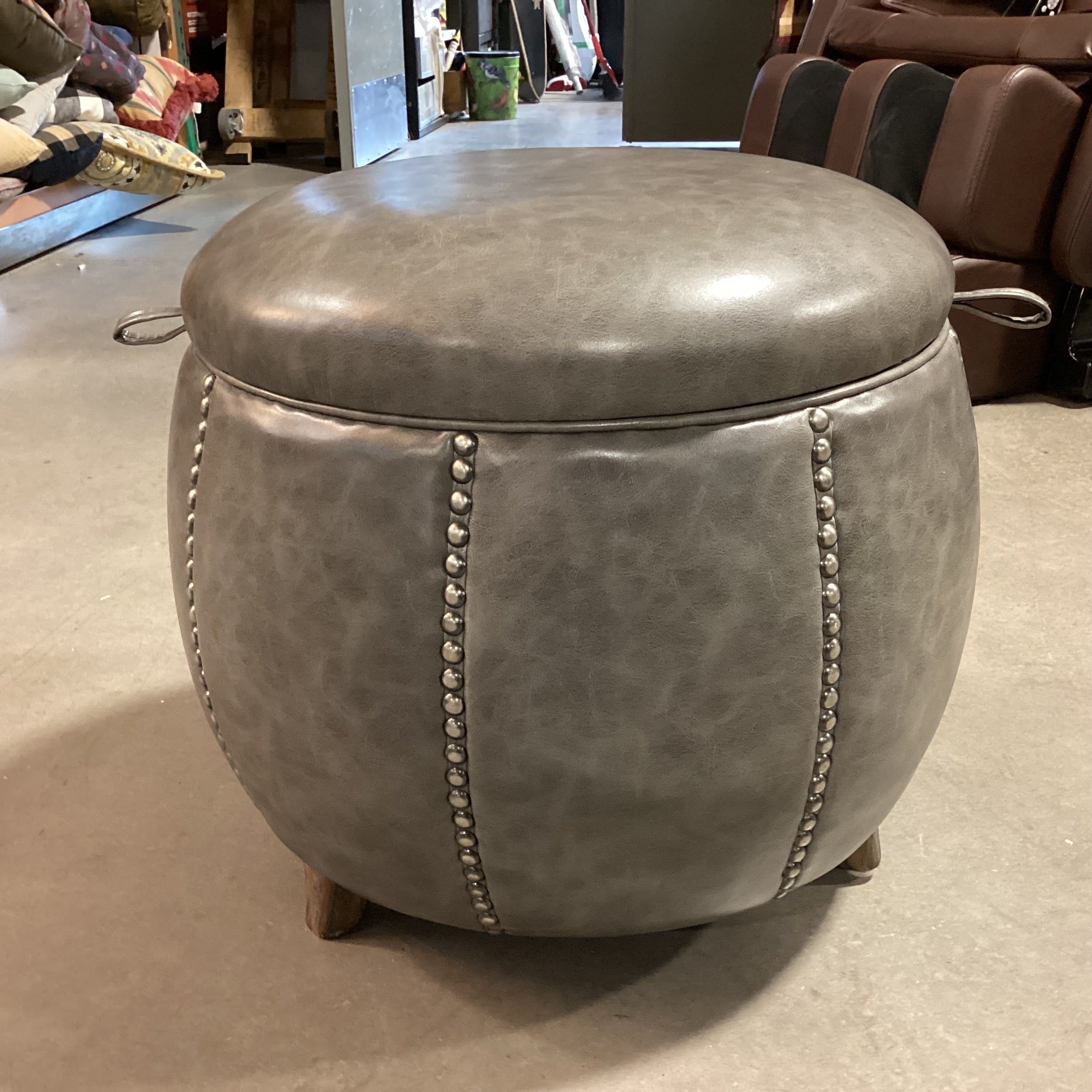 Uttermost Linford Round Clouded Zinc Leather Nailhead with Storage Ottoman 20" Diameter x 18"