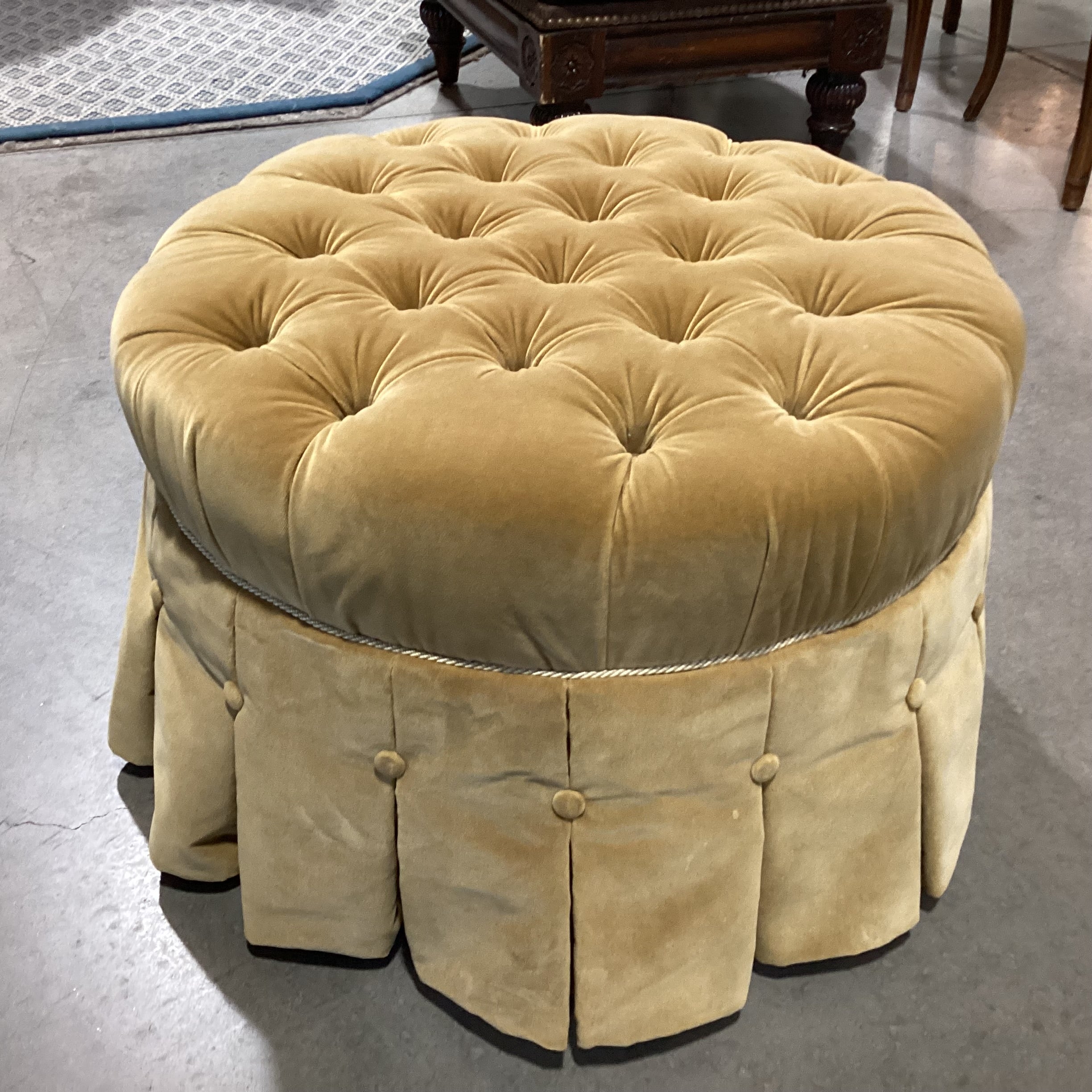 Ethan Allen Gold Velvet Button Tufted & Skirt Round Ottoman 28" Diameter x 18"