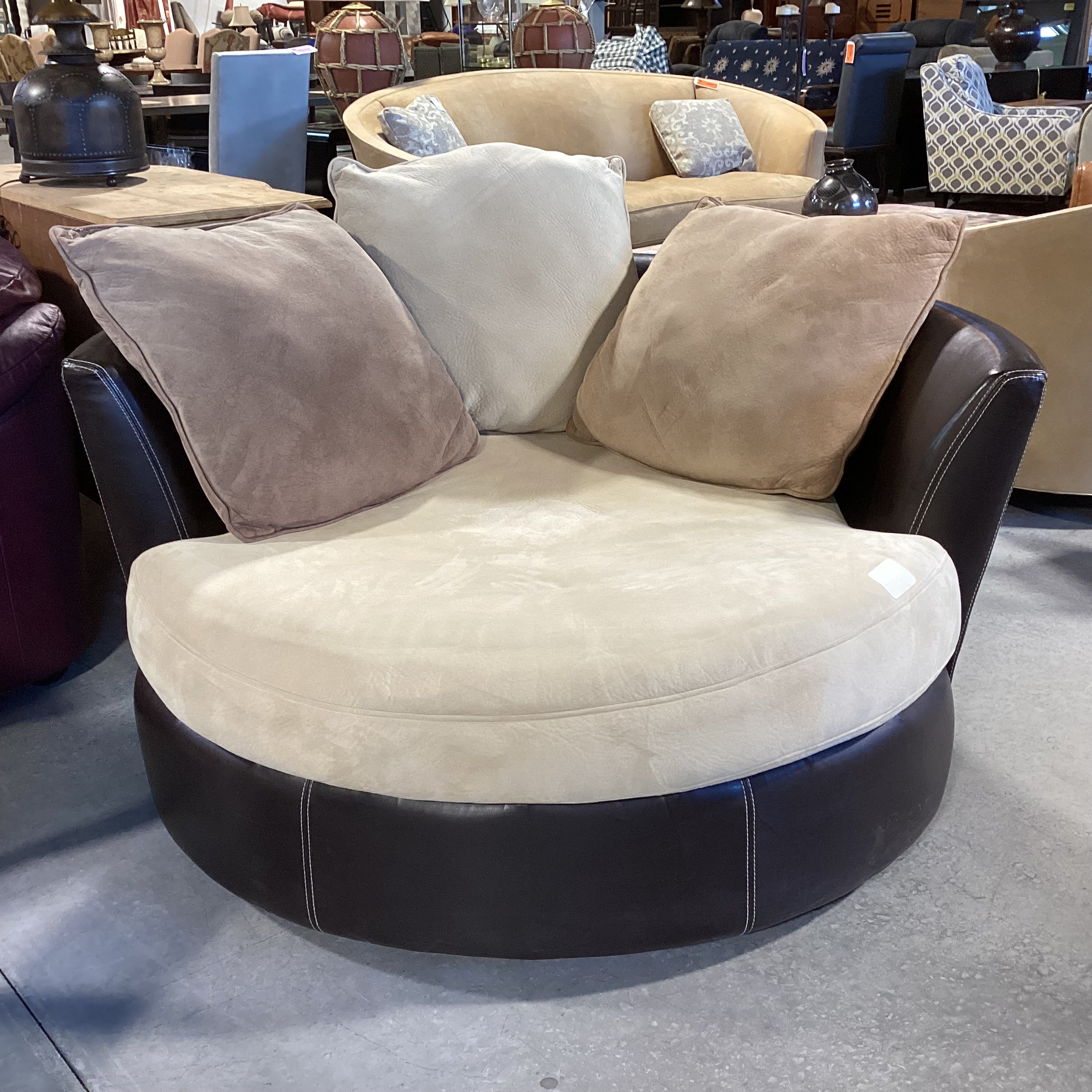 Beige Brown Micro Suede & Dark Brown Faux Leather Swivel Cuddle Chair 58"x 56"x 29"