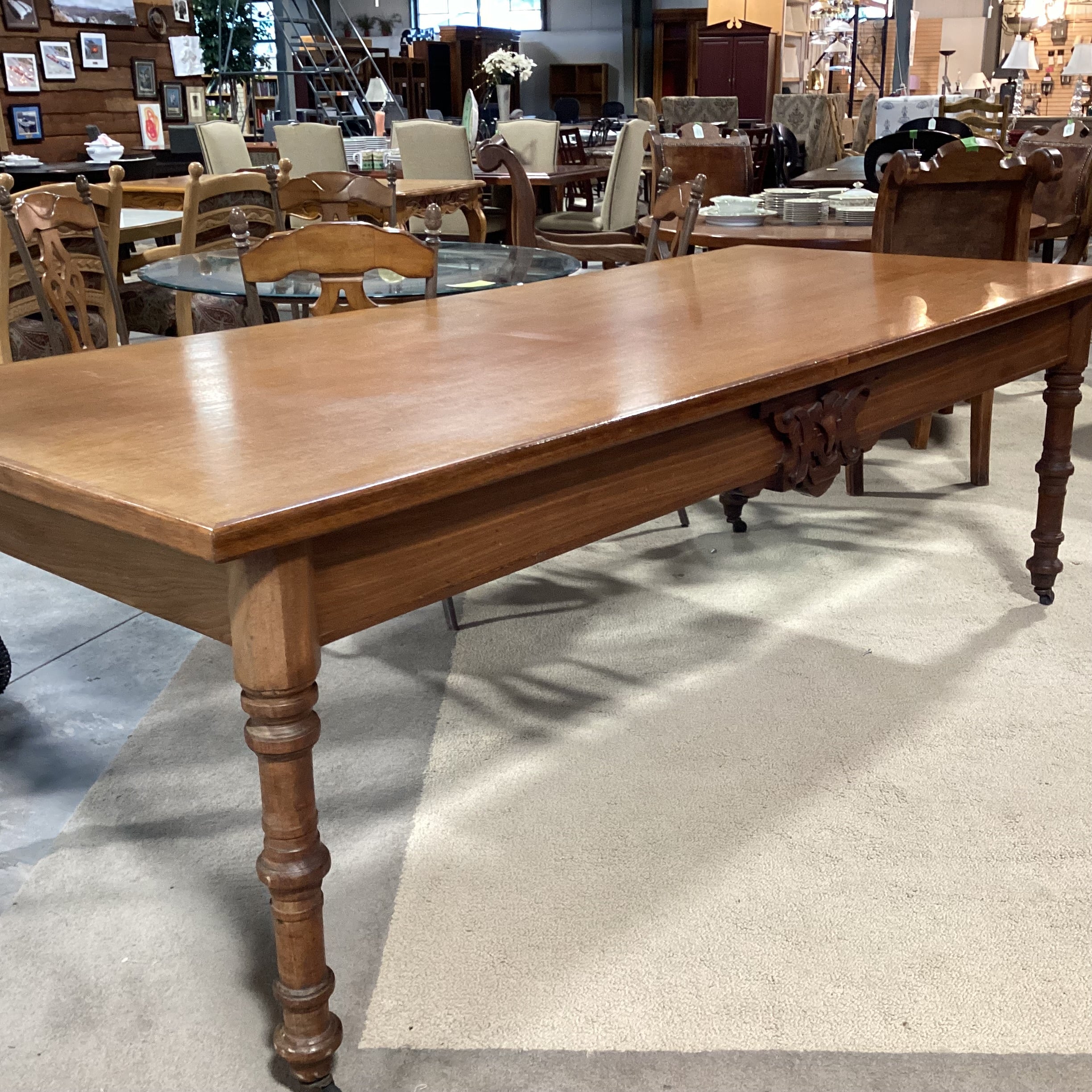 Antique Oak with Carved Detail on Casters Dining Table 98"x 42"x 32"