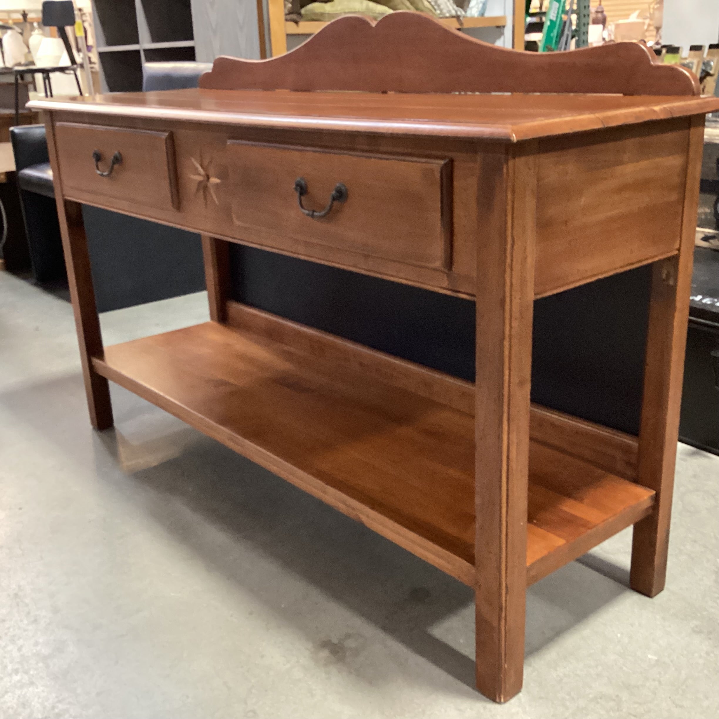 Ethan Allen Cherry Tone Finished Maple 2 Drawer with Bottom Shelf & Backsplash Sofa Table 54"x 17"