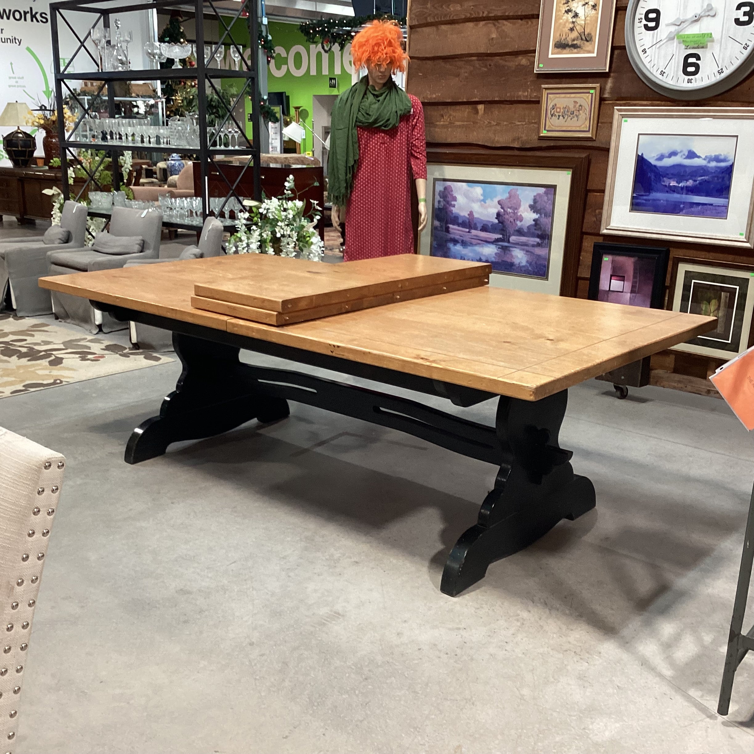 Solid Natural & Dark Green Wood Farmhouse Style with Trestle & 2 Leaves Dining Table 96" to 132"x 47.5"x 31"