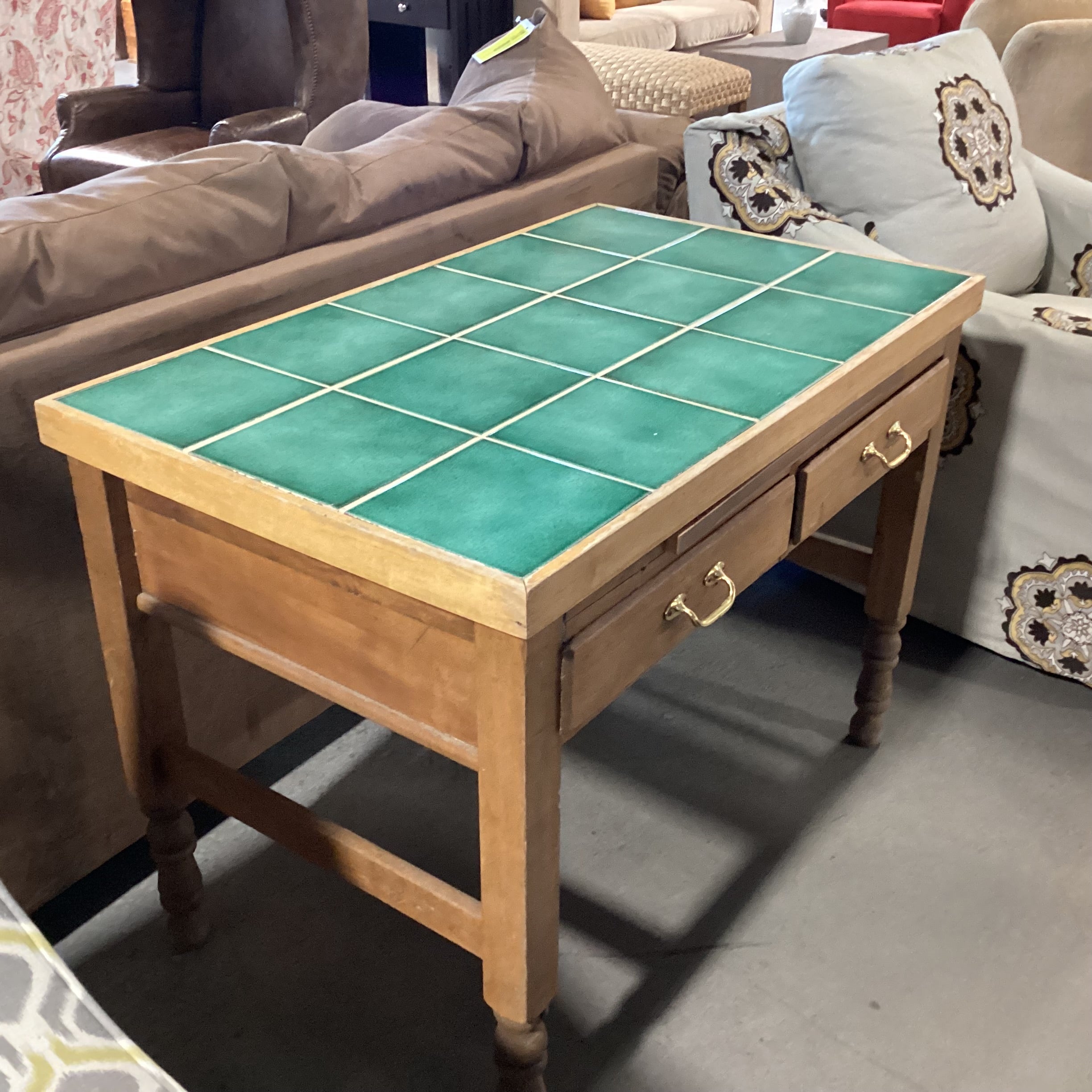 Vintage Natural Wood with Green Tile Inset Top 2 Drawer Kitchen Island Table 41.5"x 25.5"x 30.5"