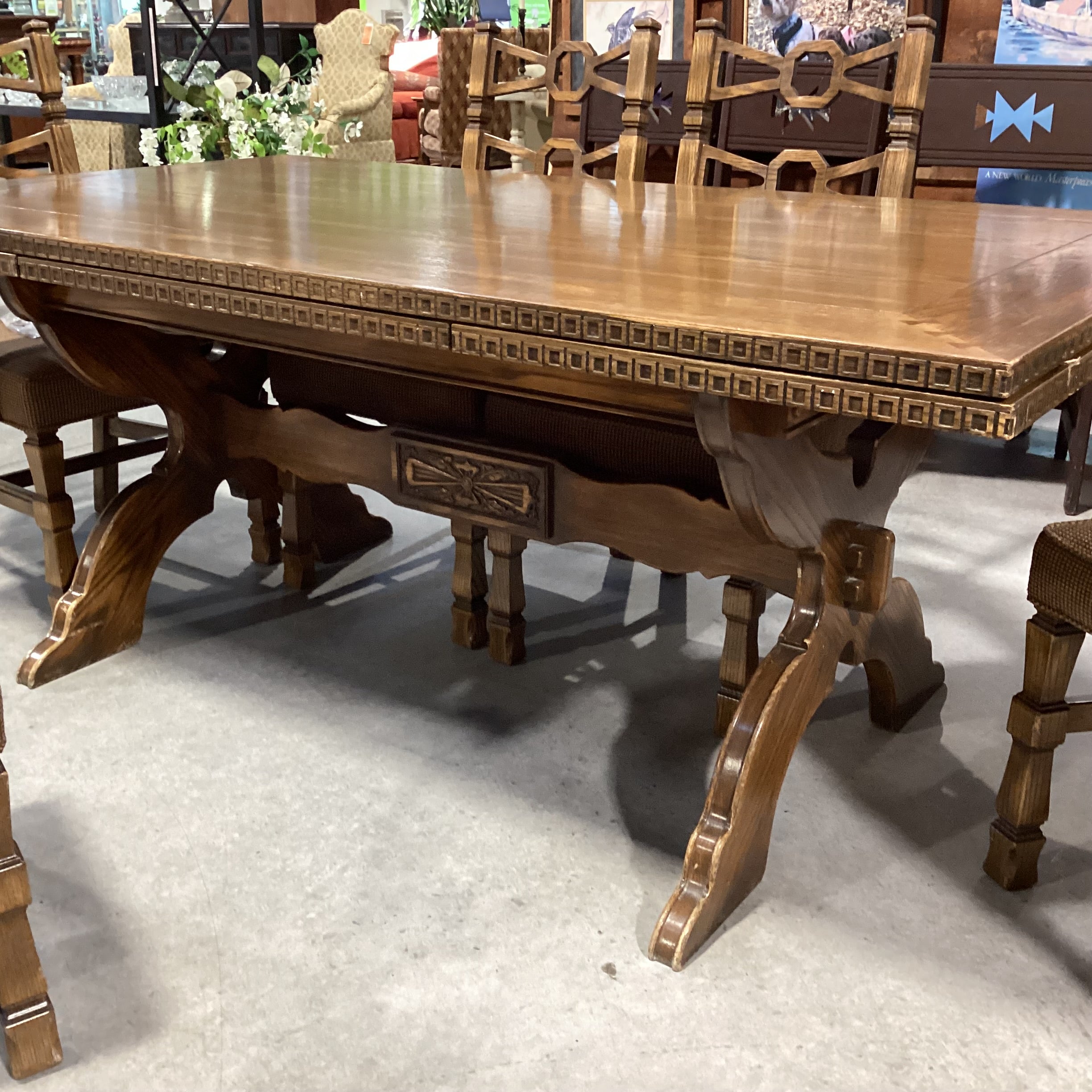 Vintage Antique Carved Oak with Trestle Table & 6 Chairs Dining Set 72"x 40"x 30"