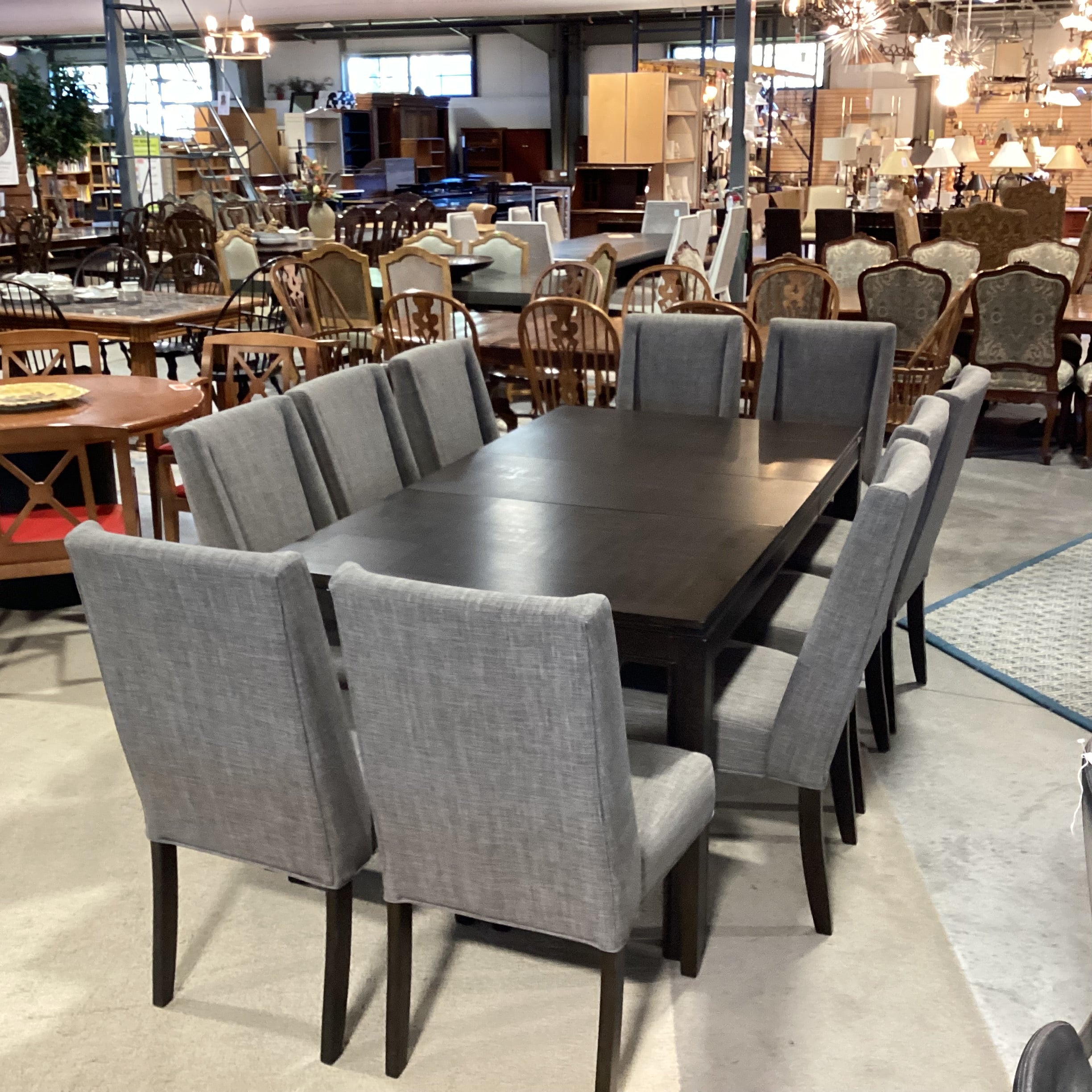 Dark Finish Wood & Veneer 1 Leaf Table & 10 Grey Woven Chairs Dining Set 78"x 42"x 30"