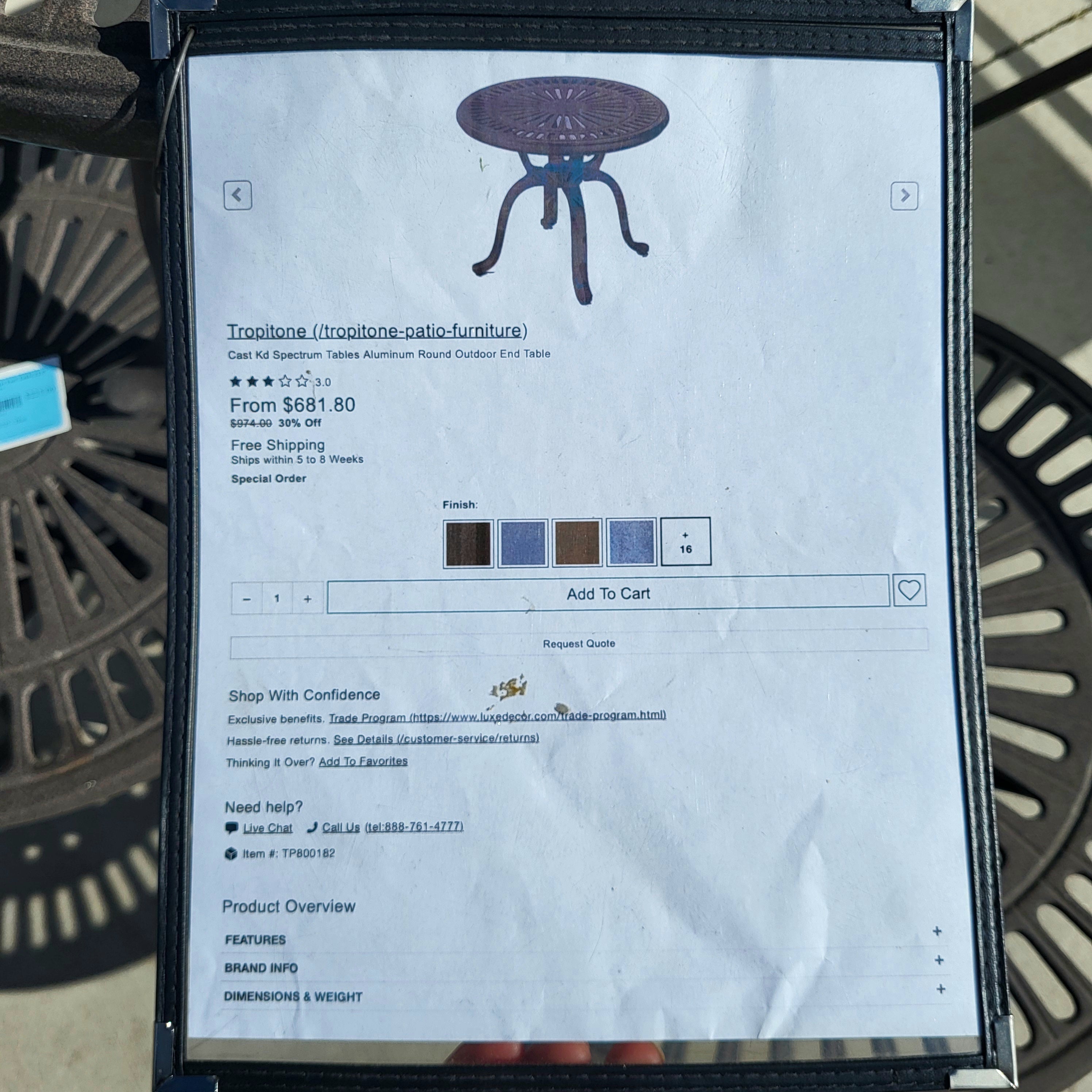 Tropitone Cast Aluminium Patio End Table 21.5" Diameter x 17"