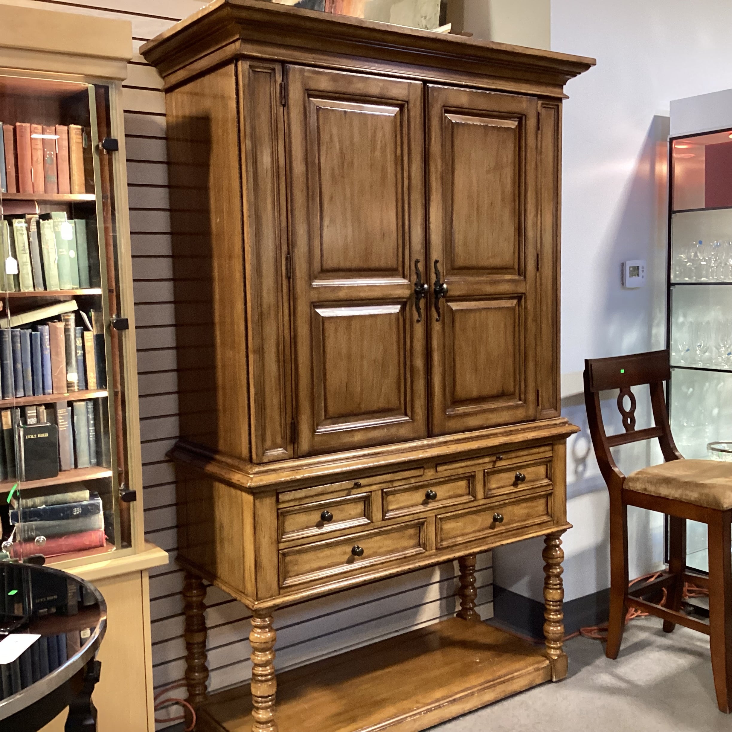 Lexington Distressed Finish Wood 5 Drawer 2 Pullouts with Bar Cabinet 2 Piece Hutch 56"x 25"x 89"