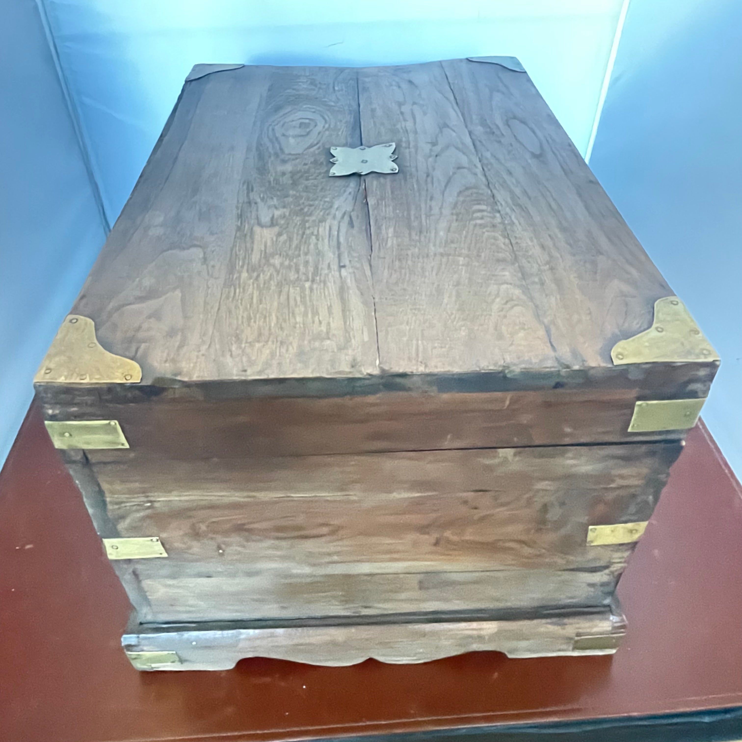 Antique Handcrafted Wood with Brass Hardware Campaign Chest, 16"x 11.25"x 10"