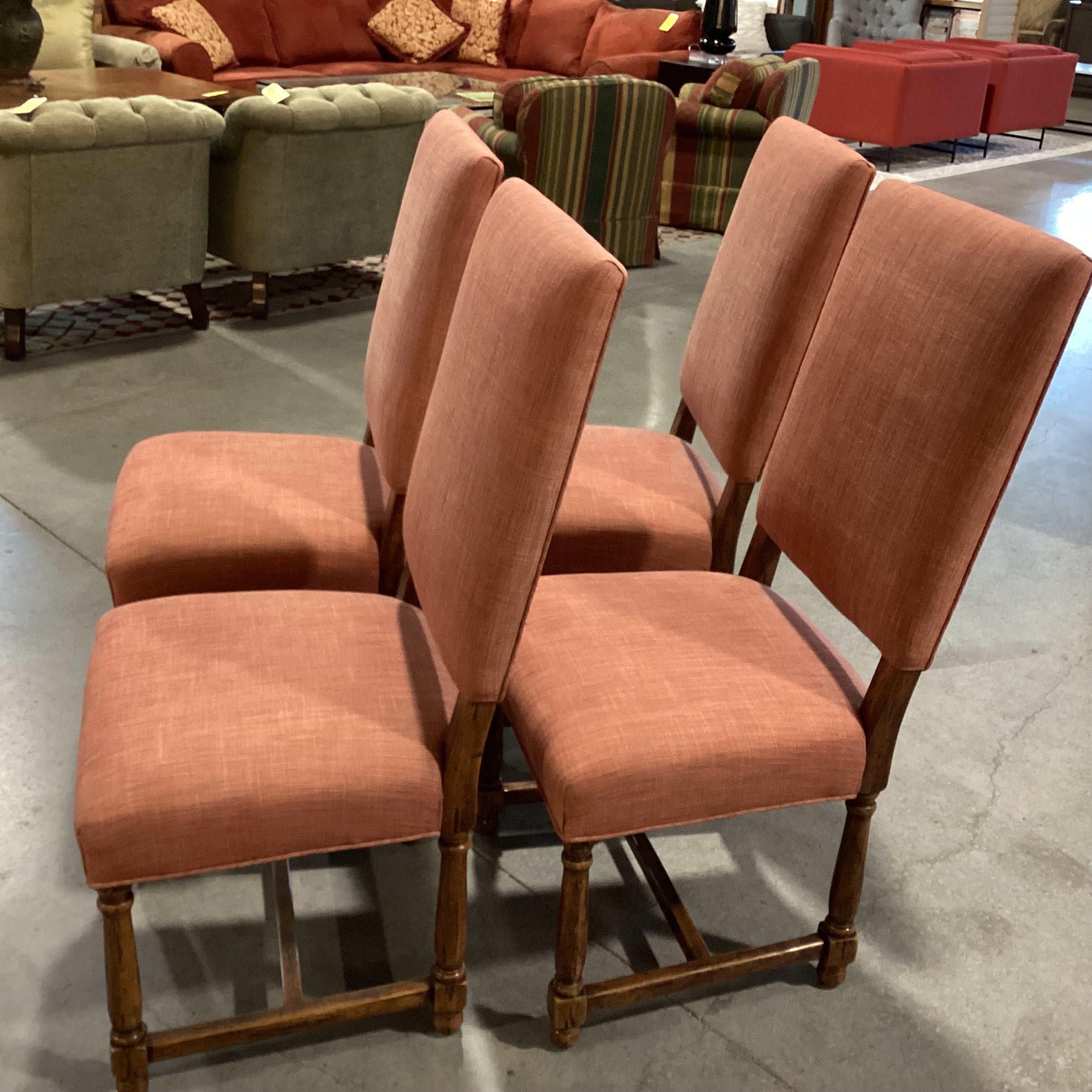 Set Of 4 Carved Wood Red Orange Woven Linen Dining Chairs 21"x 20"x 42.5"