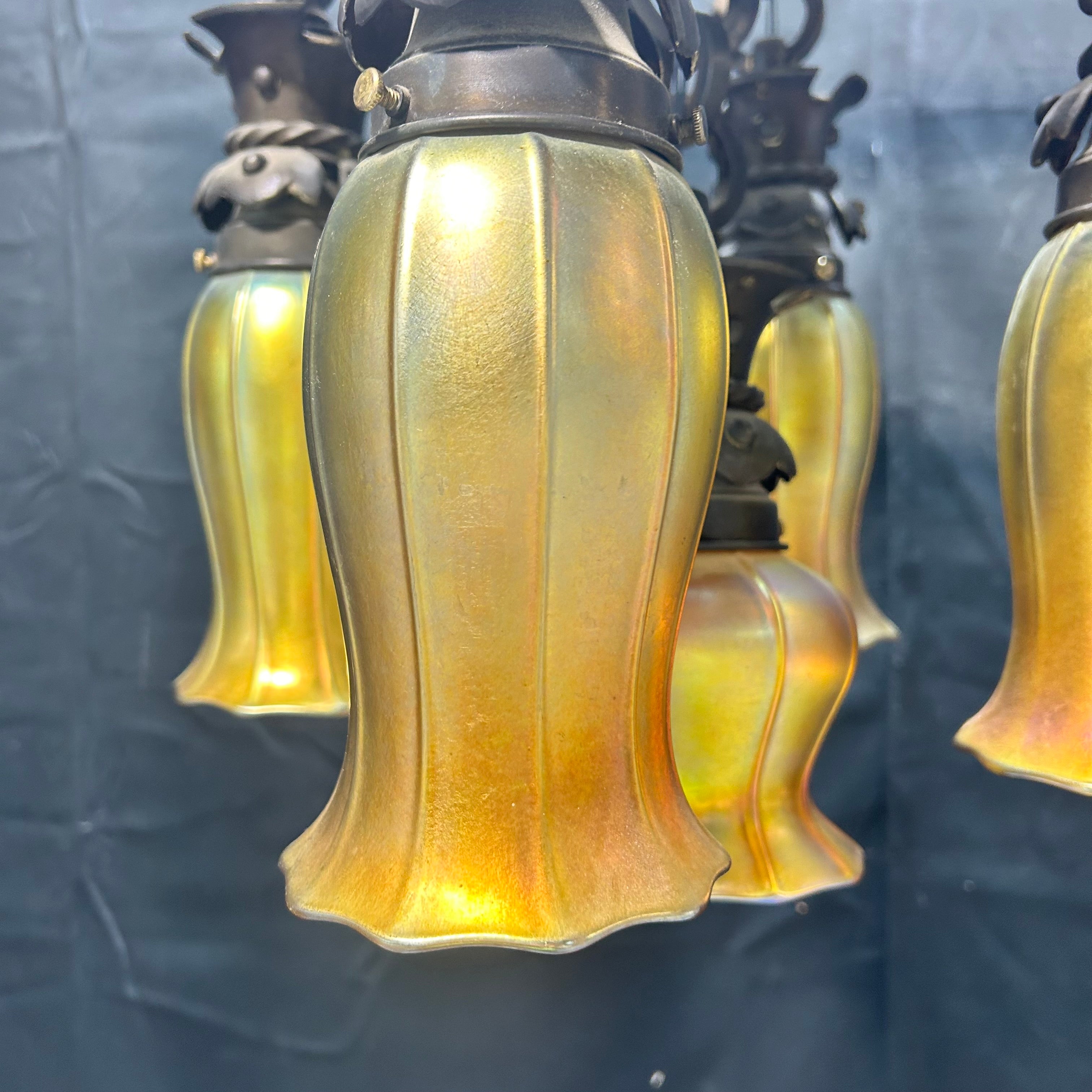 Caldwell Lighting Circa 1905 Cast Iron With 4 Steuben & 1 Quezal Iridescent Glass Shades Flush Mount 15"x 12.5"ades