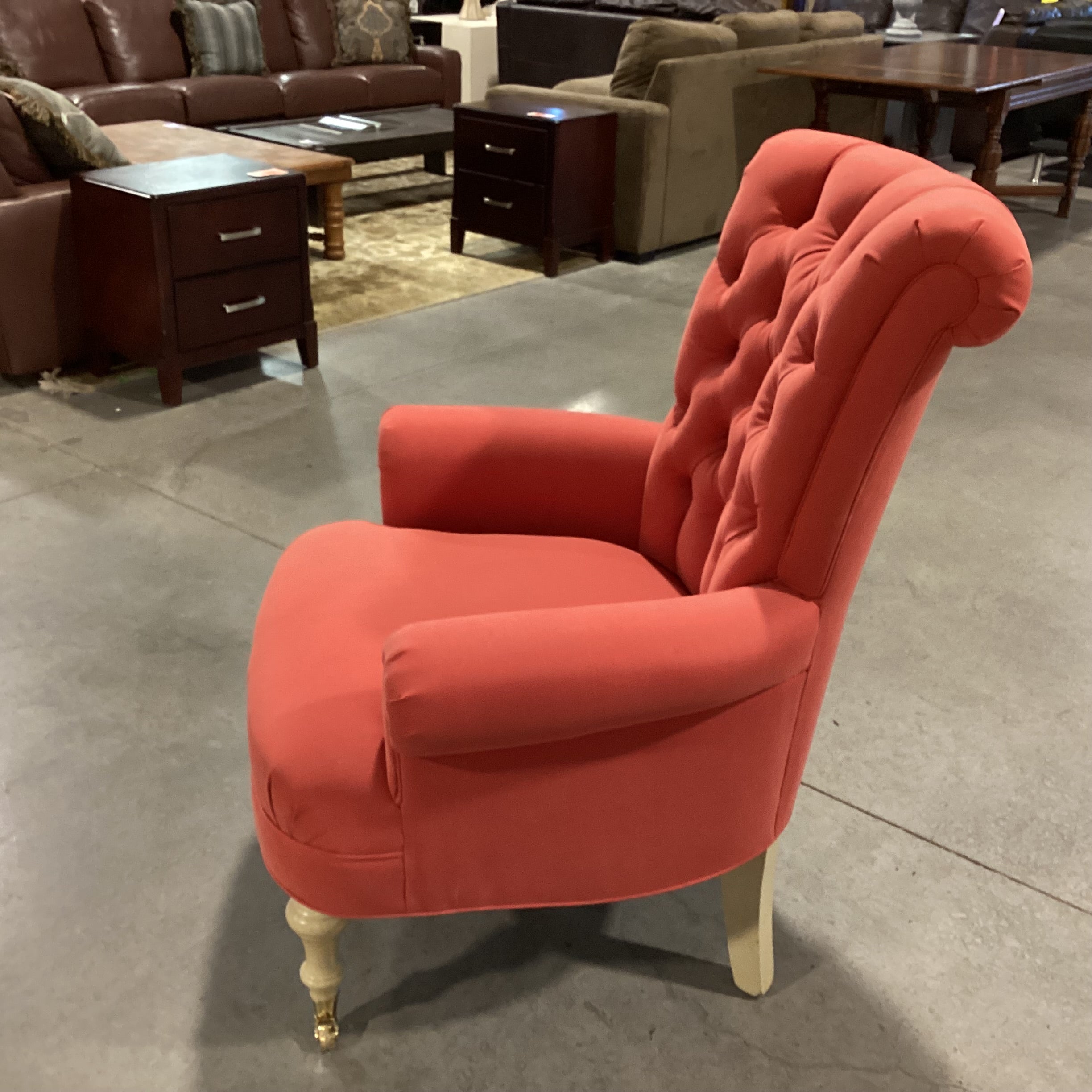 Red Orange Tufted Roll Back & Arms Front Casters Chair 34"x 38"x 44"