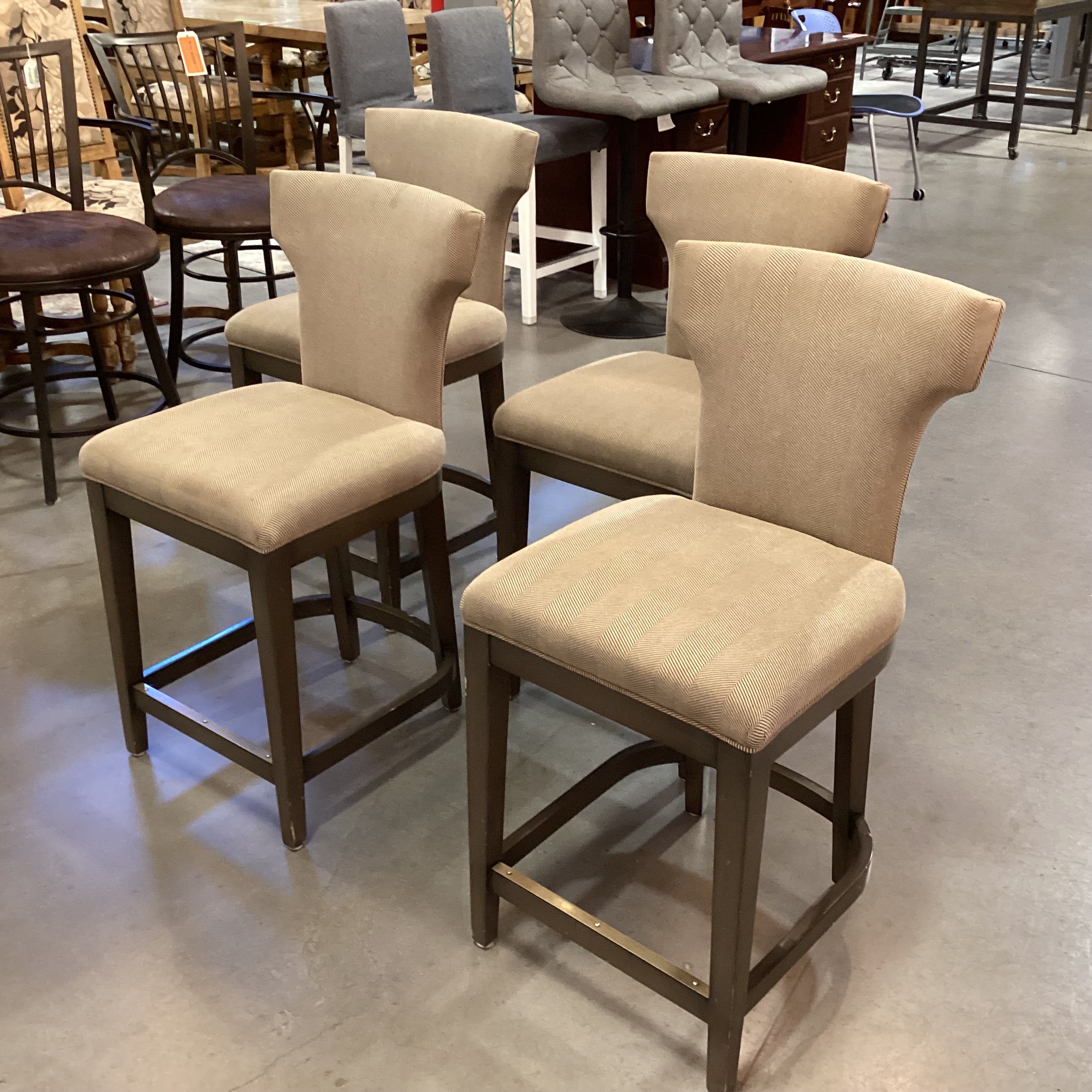 SET of 4 Green Grey Finish & Cream Tan Woven Wing Back Counter Height Barstools 24"